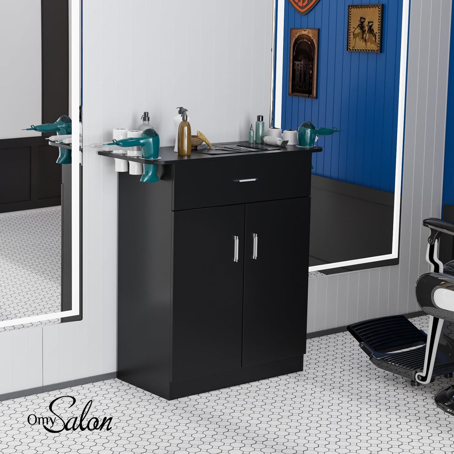 OmySalon Salon Station Barber Storage Cabinet, Free Standing Beauty Hair Stations, Beauty Salon Spa Equipment Hair Styling Utility Unit with 1 Drawers, 1 Storage Cabinet, 6 Hair Dryer Holders, Black