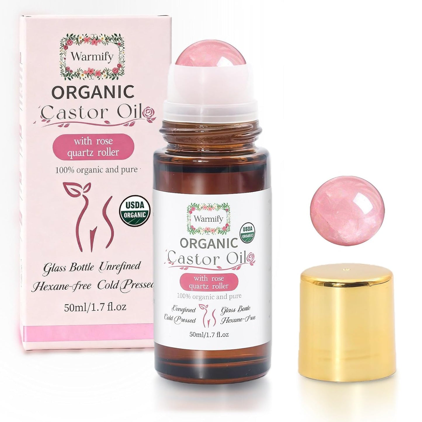 Organic Castor Oil - Rose Quartz Roll-On for Skin Moisturizing | 50ml Cold-Pressed, Hexane-Free, Relaxing Self-Care Gift