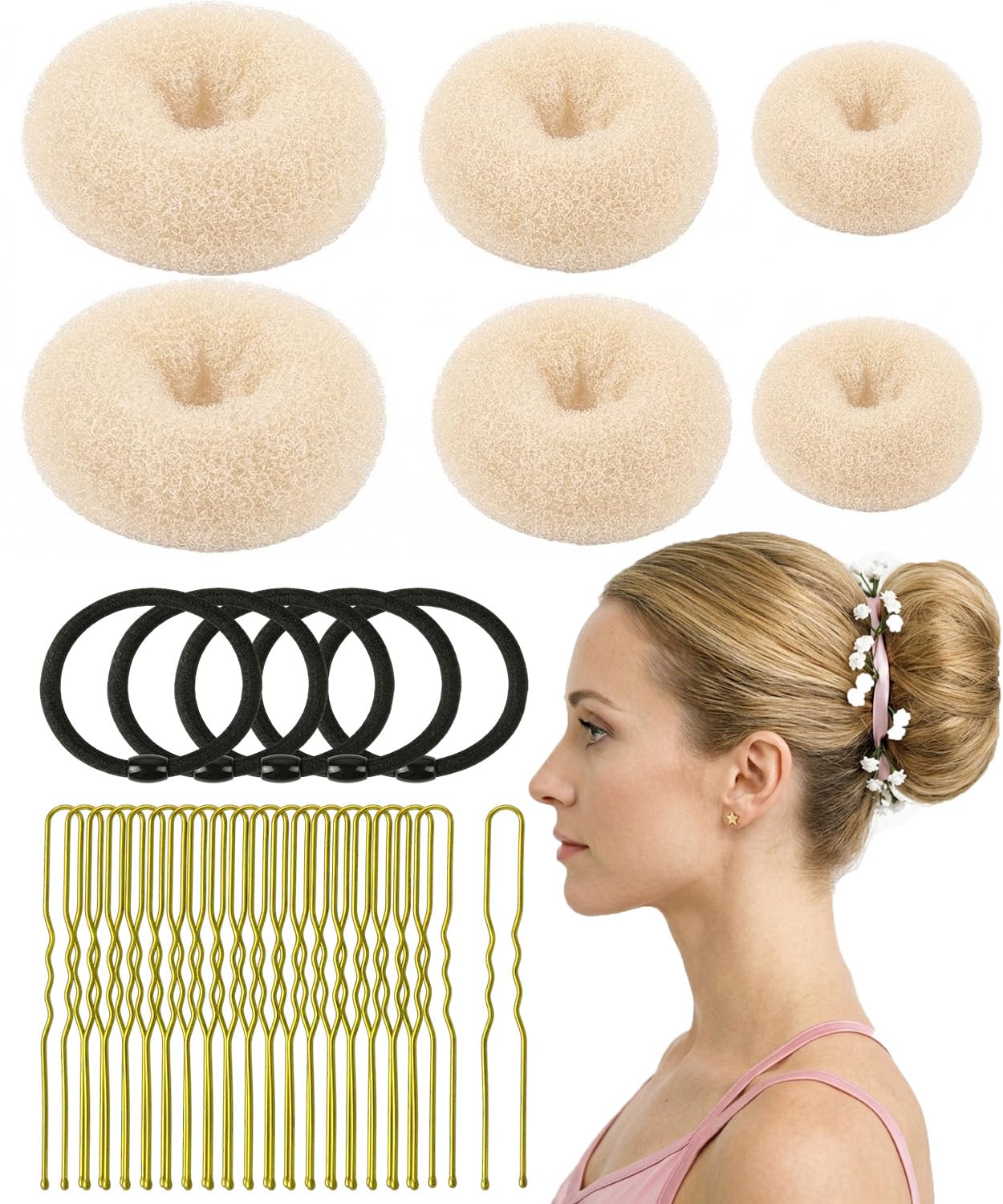 Small Hair Donut Bun Maker Set - 6 Pcs Firm Hold Chignon Ring for Thin Hair | Includes 5 Hair Ties & 20 U Pins - Beige