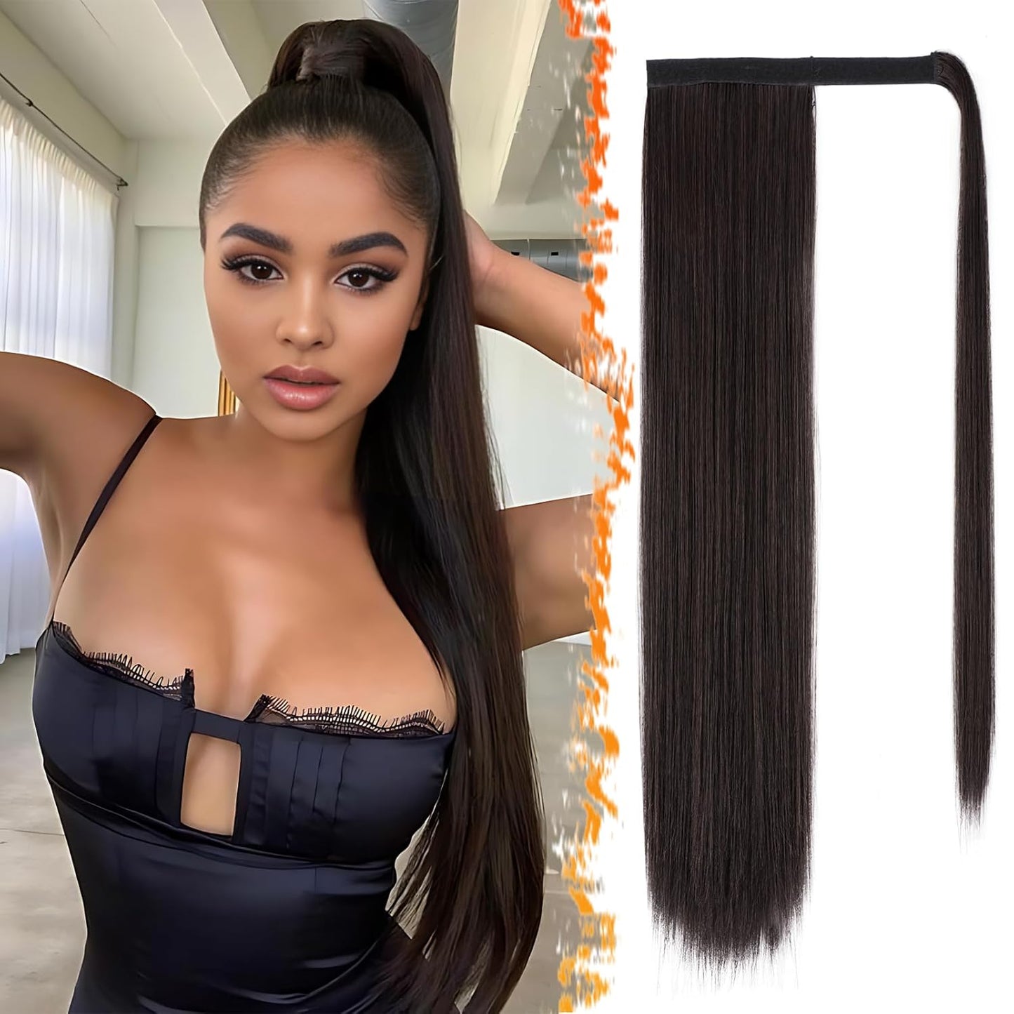 Dark Brown Straight Wrap Ponytail Extension - 24 Inch Clip-In Hairpiece for Black Women | Synthetic Hair