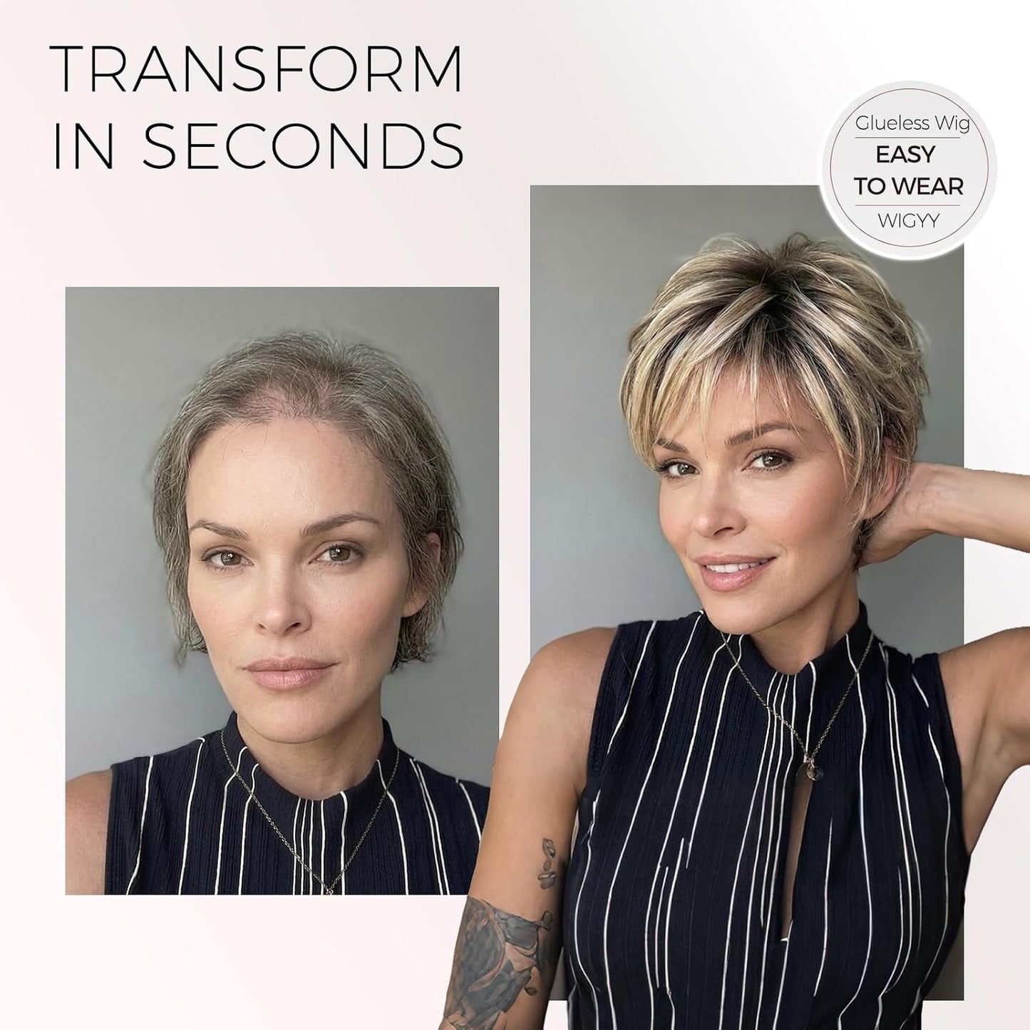 Short Pixie Wig for Women | Curly Ash Blonde with Dark Roots - Heat-Resistant Synthetic Wig with Bangs, Lightweight Cap