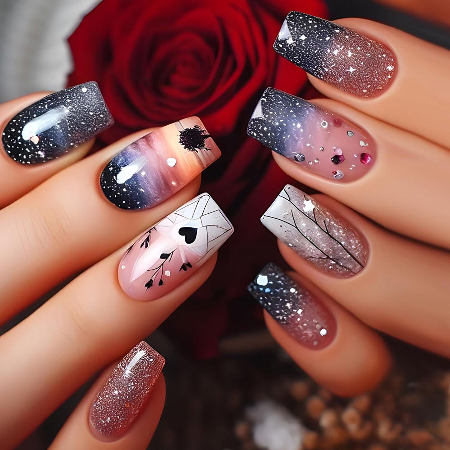 Mushroom Press-On Nails - Medium Flower Fantasy Design | Glossy Full Cover Ballet Shaped Fake Nails for Women