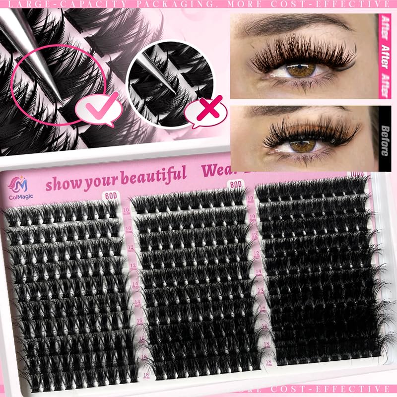 COLMAGIC Faux Mink Eyelash Clusters 60D, 80D, 100D Mix - 10-18mm D Curl, 300Pcs