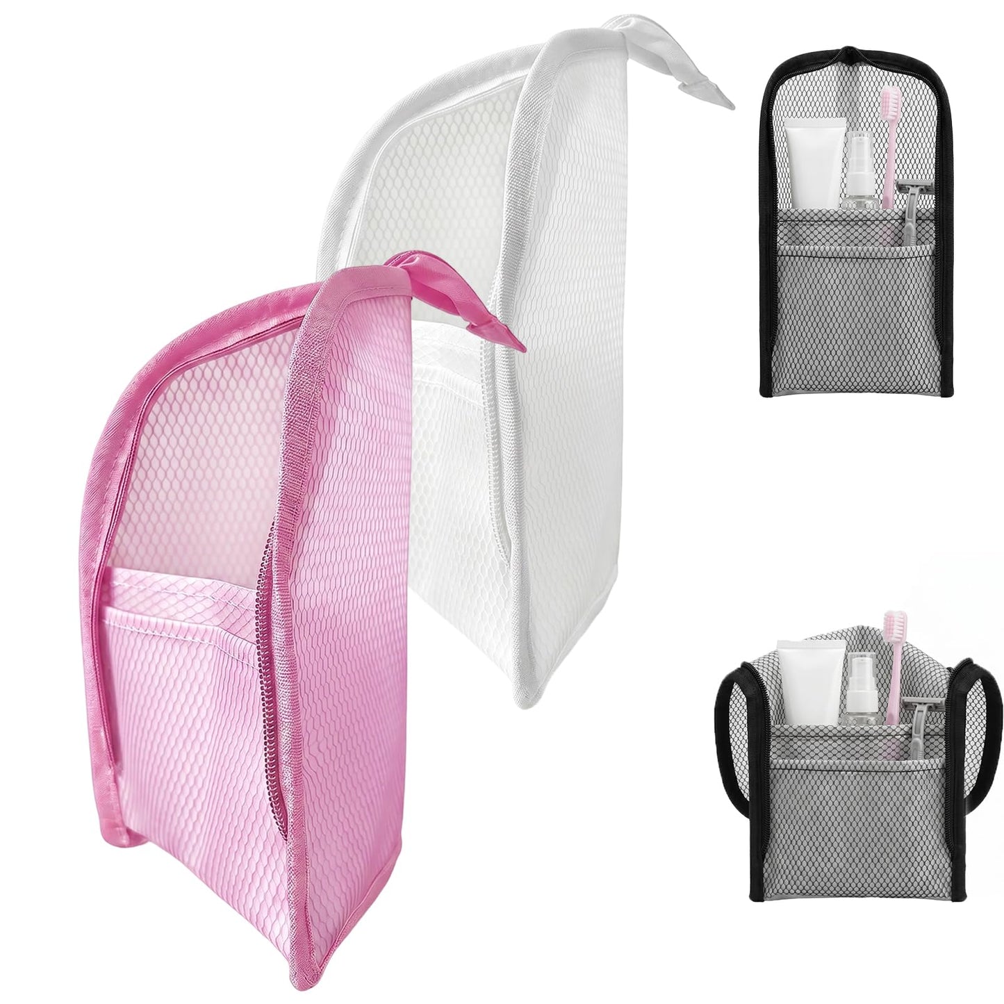 PZAHYAW Standing Toiletry Bag, Portable Lightweight Travel Toiletry Bag, Waterproof EVA Mesh Travel Makeup Bag, Hanging Cosmetic Organizer for Bathroom, Travel (Pink+White)