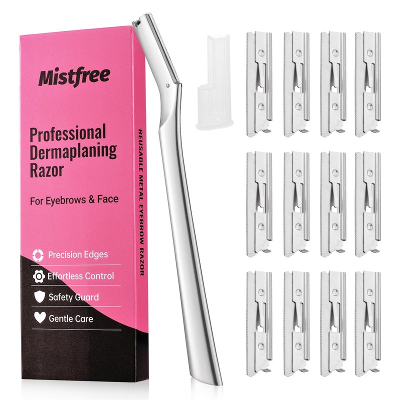 Mistfree Dermaplane Razor for Women Face, Dermaplane Starter Kits, Professional Metal Dermaplaning Tool with 12PCS Refill Blades, Reusable Face Razor for Exfoliation & Peach Fuzz Removal