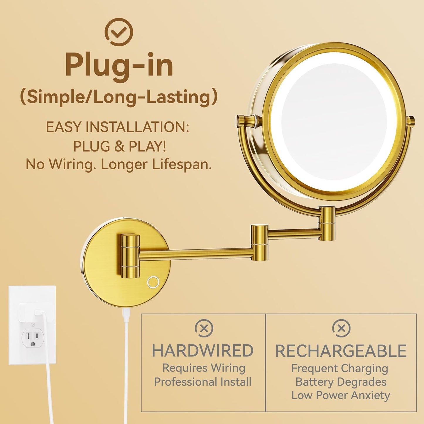 Magnifying Makeup Mirror - 8.5" Double-Sided Wall-Mounted Vanity Mirror with Dimmable LED Lights & 10X Magnification | Brushed Gold