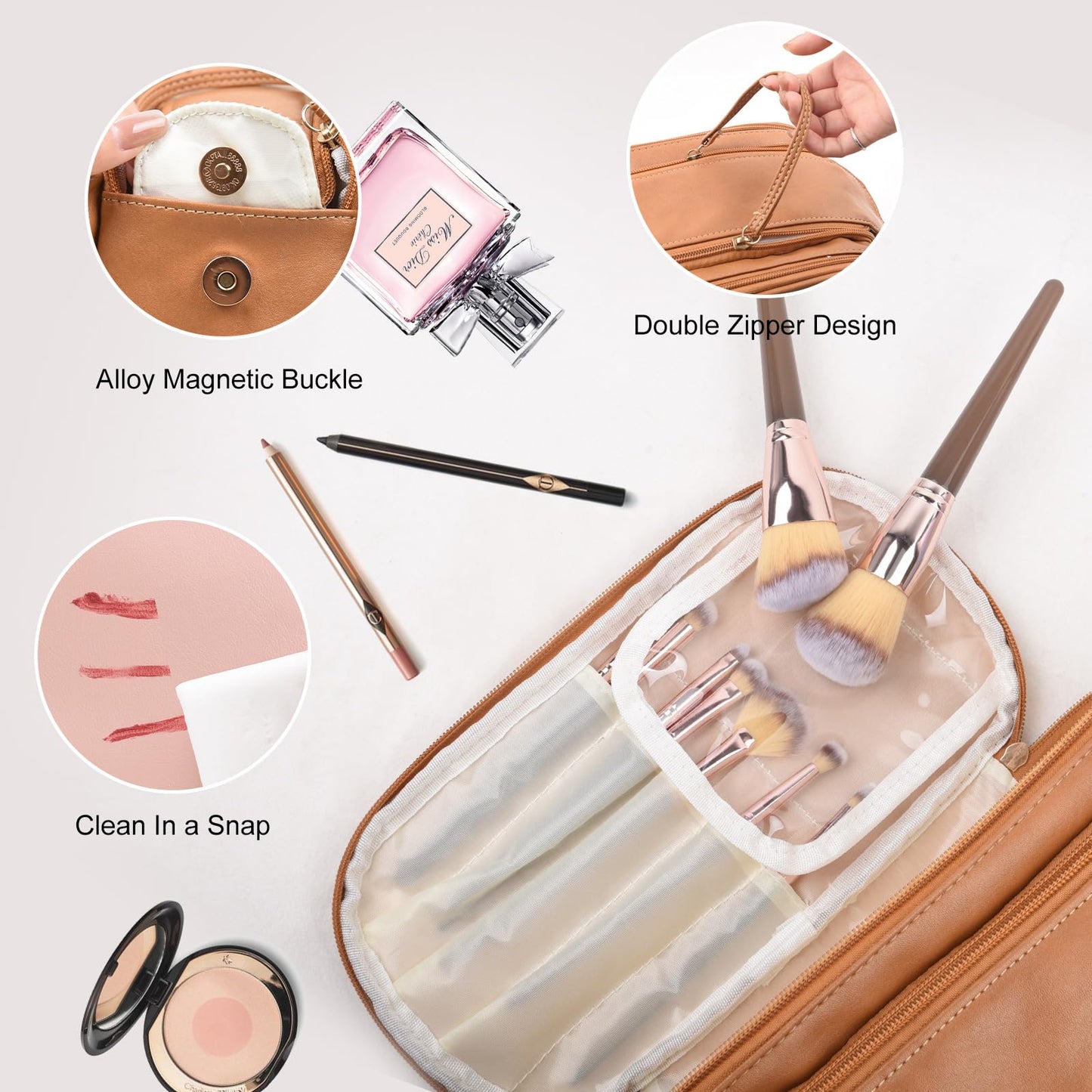 Live Saft Super Travel Makeup Bag - Large Capacity Cosmetic Bags For Women Portable Opening Travel Toiletry Bags, Waterproof PU Leather Pouch Open Flat Makeup Organizer With Handle and Divide Brown