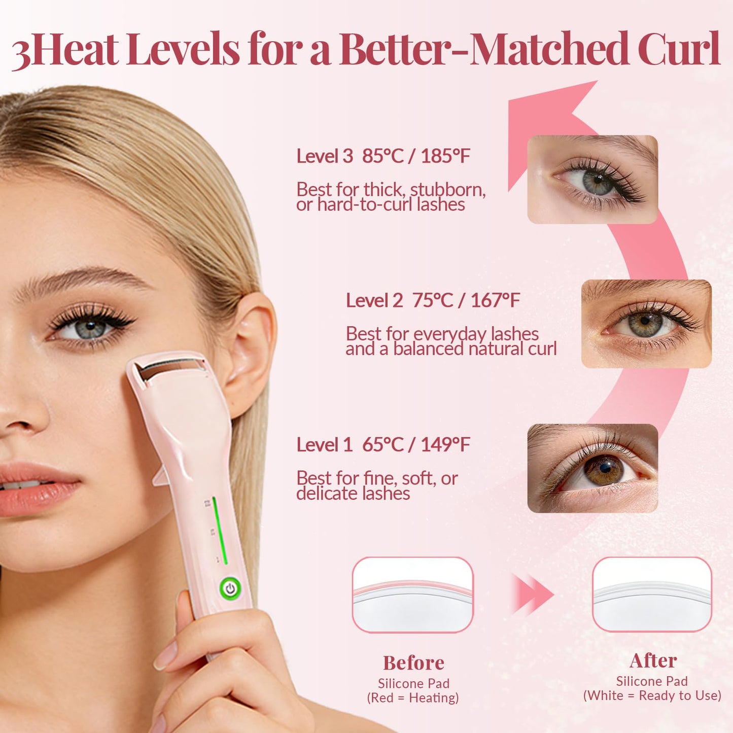Heated Eyelash Curler, 3 Heat Levels, 8s Fast Heat, 24H Natural C-Curl Lift, Anti-Burn Silicone Pad, USB-C Rechargeable, Auto Shut-Off, Wide-Arc Design for Fine, Thick & False Lashes