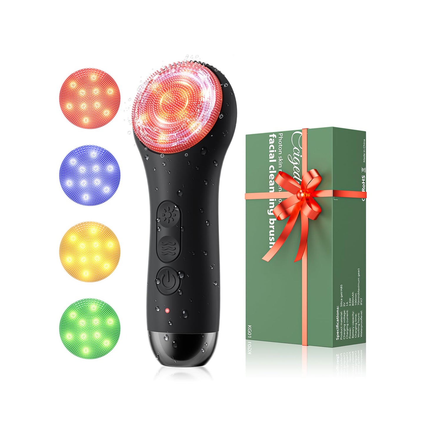 Ccigedy Face Scrubber Brush, Electric Silicone Face Scrubber, Waterproof and Rechargeable Facial Cleansing Brush with 4 LED Gentle Light, Sonic Facial Pore Exfoliator Cleanser Tool for Women & Men