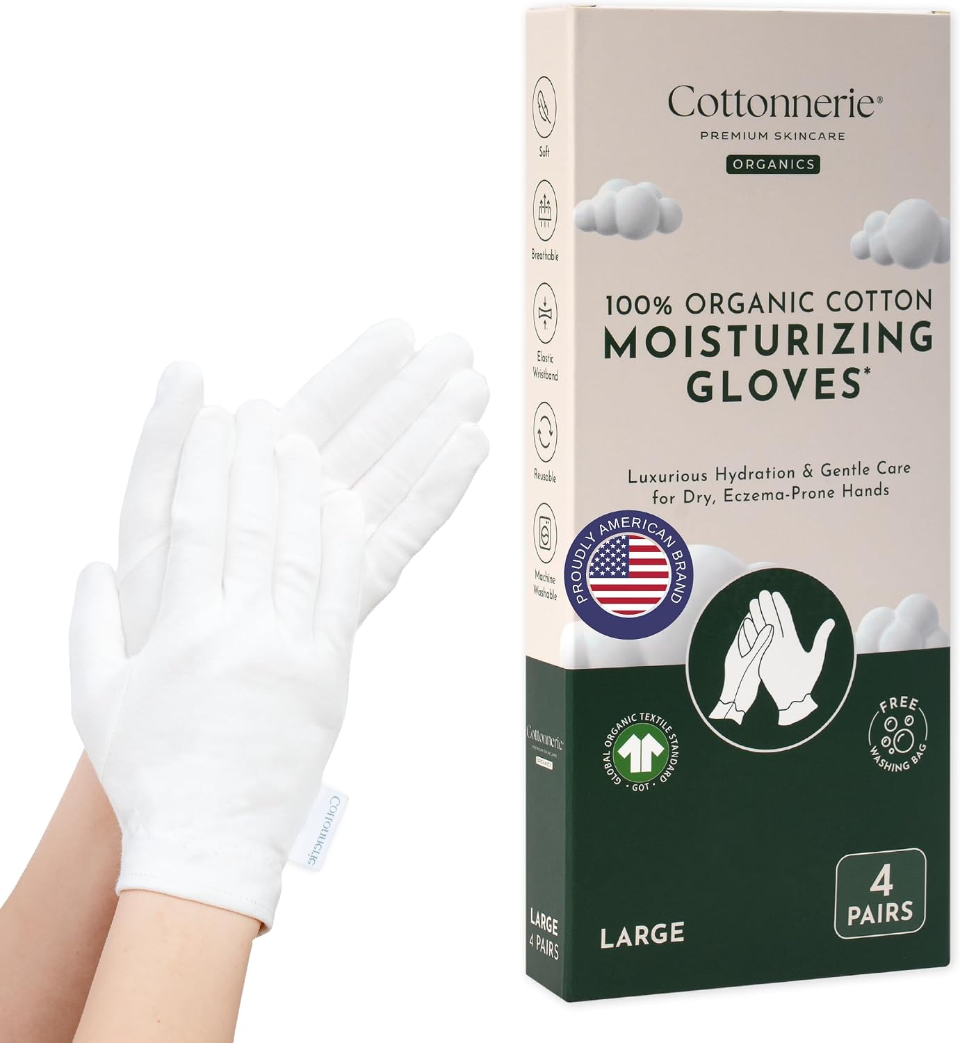 Cotton Moisturizing Gloves for Dry Hands - 4 Pairs Overnight Hand Care | Medium Size