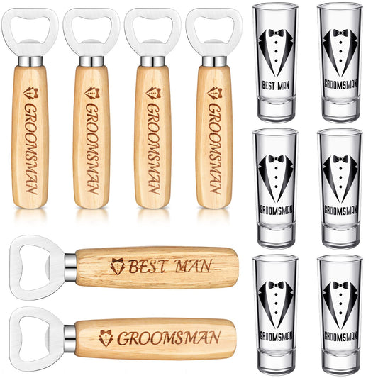 Didaey 12 Pcs Groomsmen Shot Glasses and Wooden Bottle Opener Set Include 6 Best Man Shot Glasses and 6 Bottle Opener Groomsmen Gifts Best Man Gift for Wedding Favor(Simple)