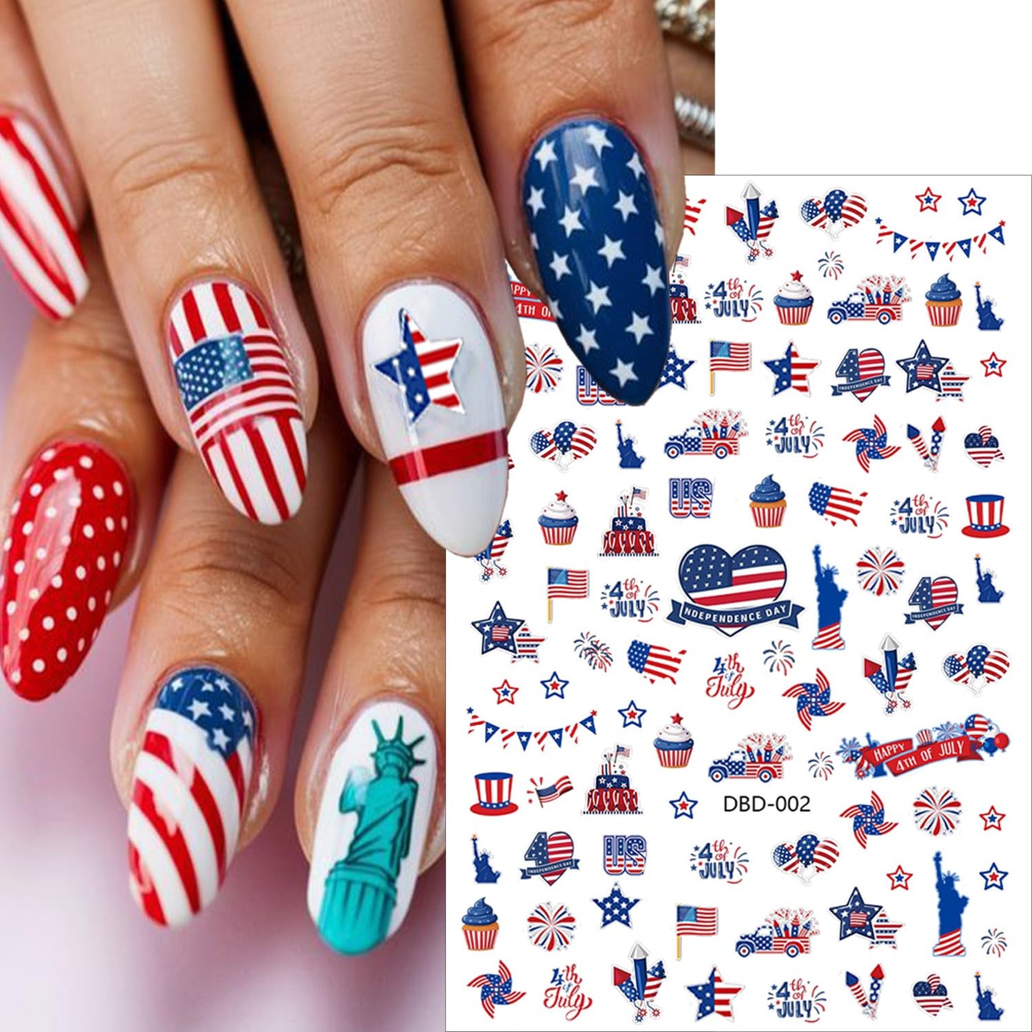 6 Sheets 4th of July Nail Stickers for Nail Art 3D Self-Adhesive American Flag Nail Art Stickers Independence Day Star Rocket Nail Decals Fourth of July Patriotic Nail Design Stickers for Women