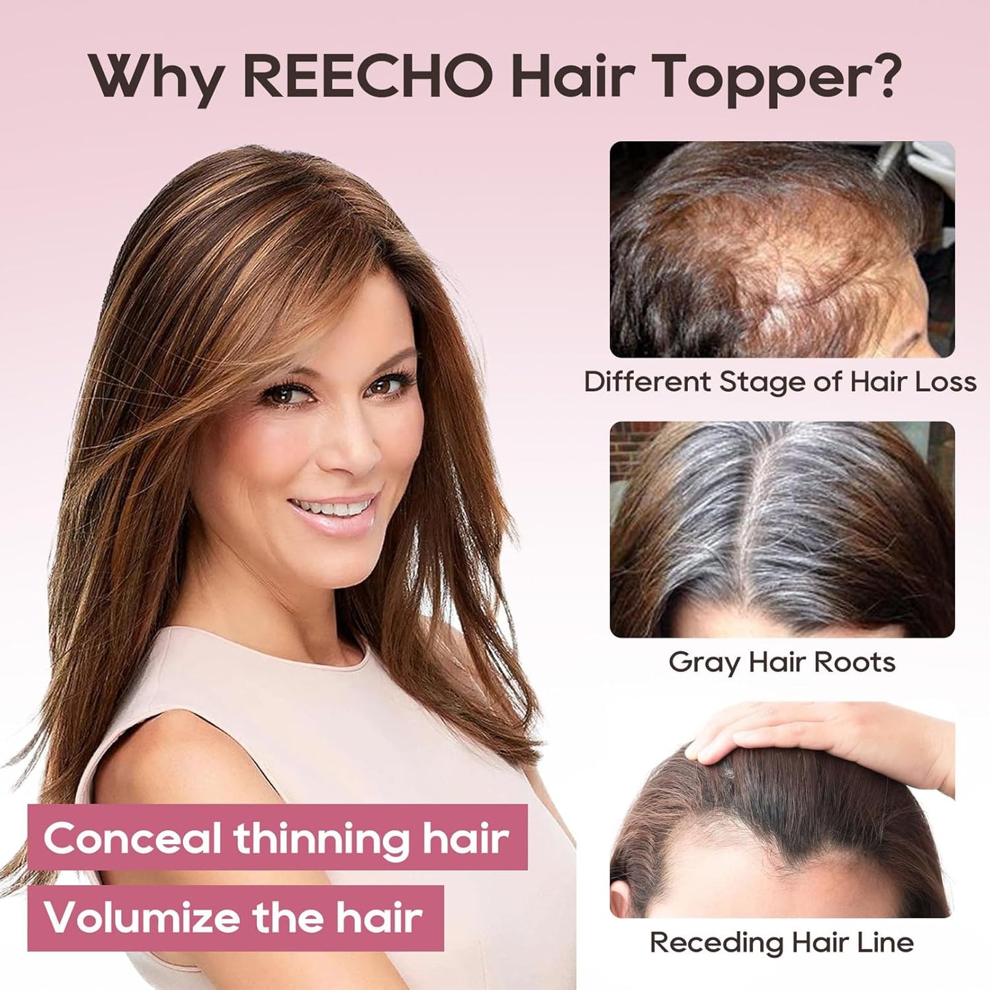 REECHO Human Hair Toppers - Real Thick Hair Topper for Women | Invisible Wiglet for Daily Volume, Medium Brown with Highlights