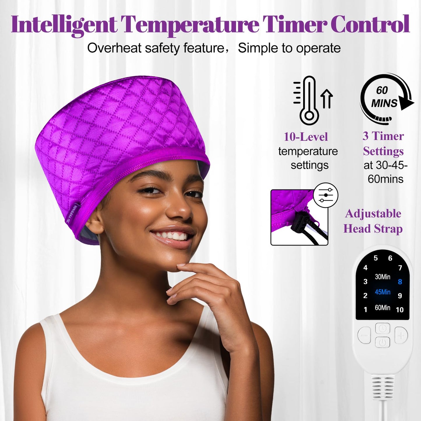 TEPENAR Hair Steamer for Deep Conditioning: Upgraded Heat Cap with 10-Level Fast Heating 3 Time Settings for Natural Hair Portable Thermal Steam Cap for Home Hair Treatment - Purple
