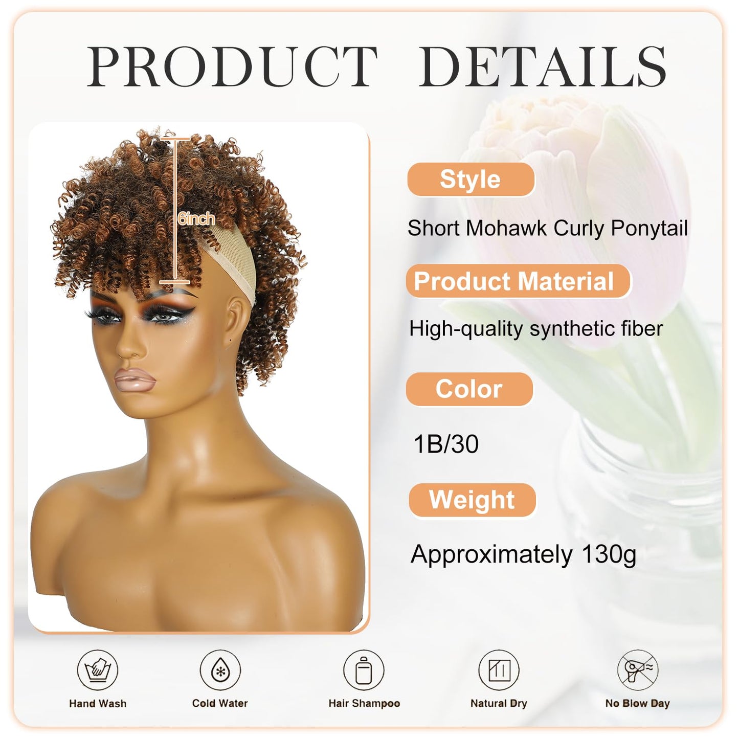 Kinky Curly Brown Mohawk Wig - Short Synthetic Ponytail Extension with Bangs | Fluffy Hair for Daily & Party Use 1B/30