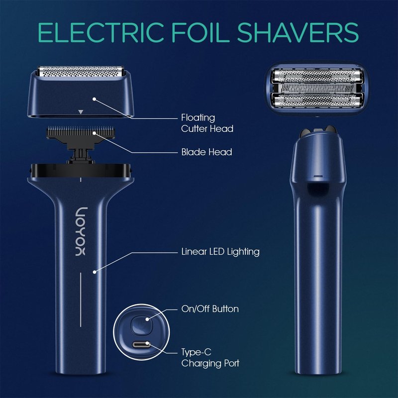 VOYOR Foil Shaver Electric Razor for Men 3 in 1 Shavers for Men with Double Foil Wet & Dry Face Shaver Lightweight Handheld Smooth Shave IPX6 Washable USB-C Rechargeable Travel Razor TX310 (Blue)