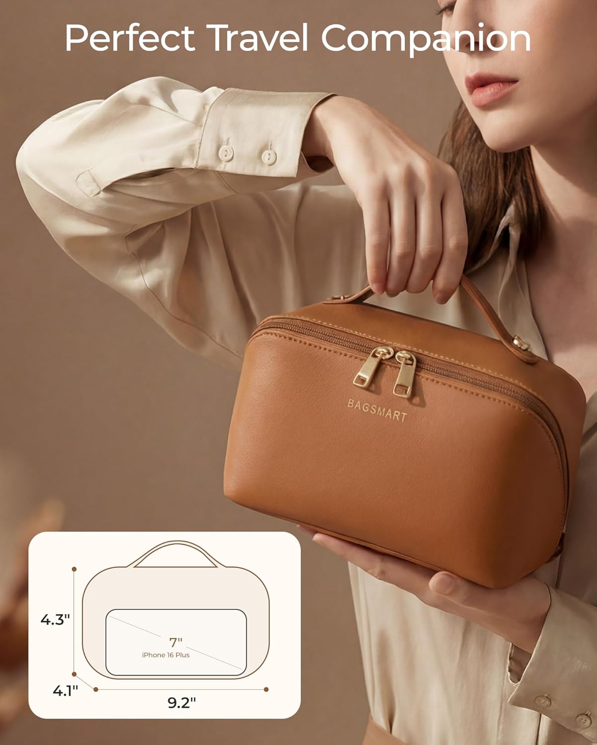 Makeup Bag - Large Travel Cosmetic Organizer | PU Leather Toiletry Case for Women - Classic Brown