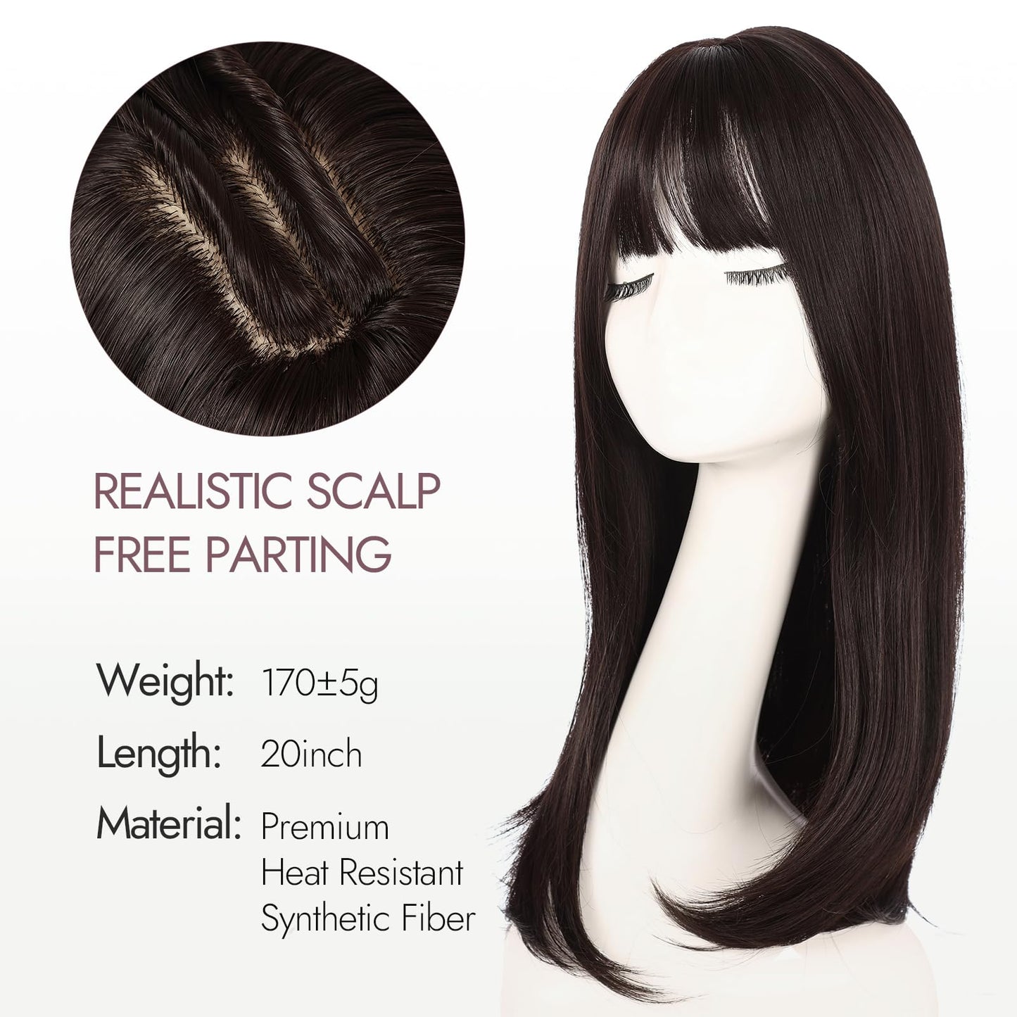 Sellomorbty Hair Topper with Bangs for Women 20 Inch Layered Synthetic, Straight Clip In Topper with Simulated Scalp and 3 Clips, Adds Volume and Gray Hair Coverage for Thinning Hair, Natural Black