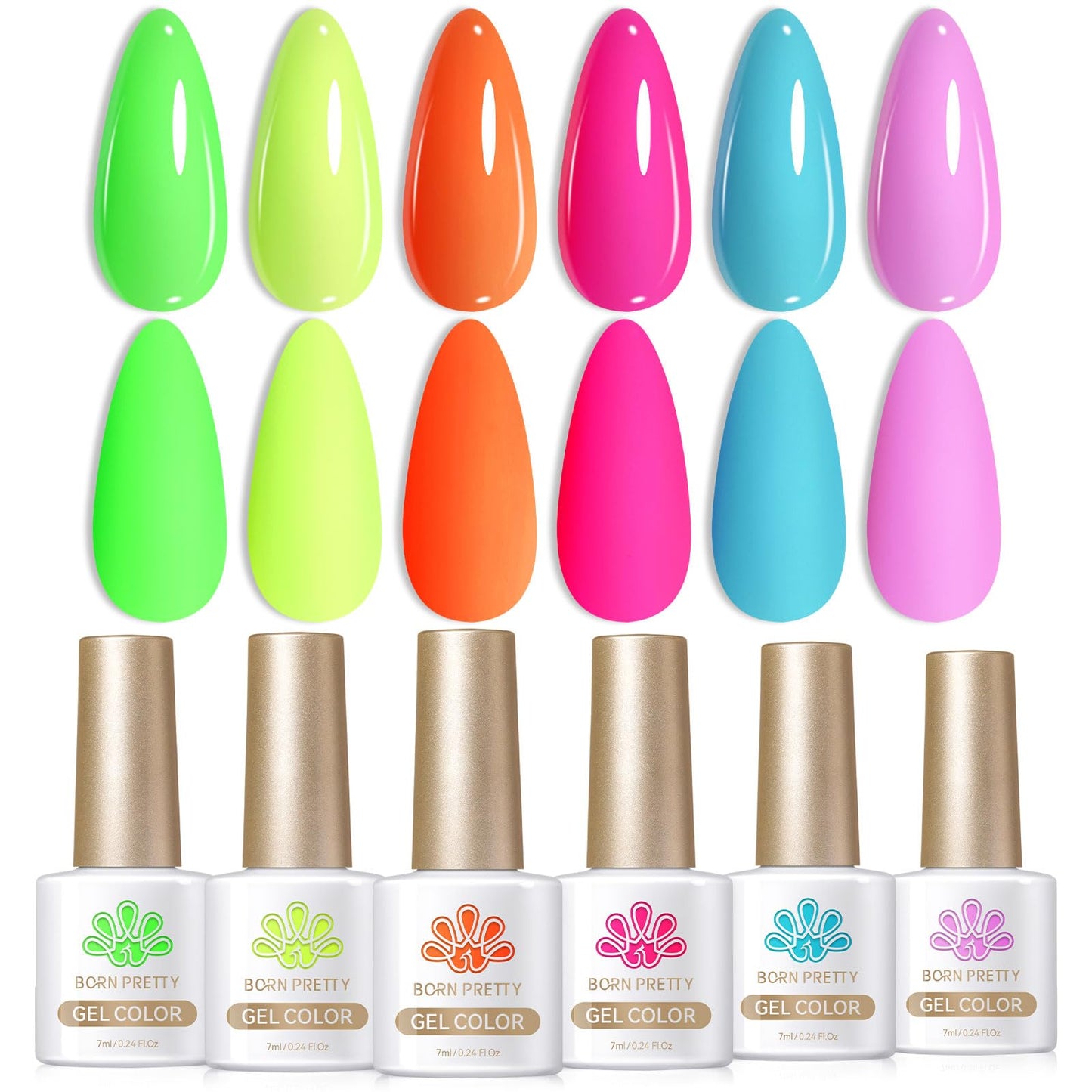 Born Pretty Gel Nail Polish Spring Summer Neon Fluorescent Orange Hot Pink Blue Yellow Green Purple Soak Off U V LED Gel Nail Polish Set Nails Art 7ml 6pcs