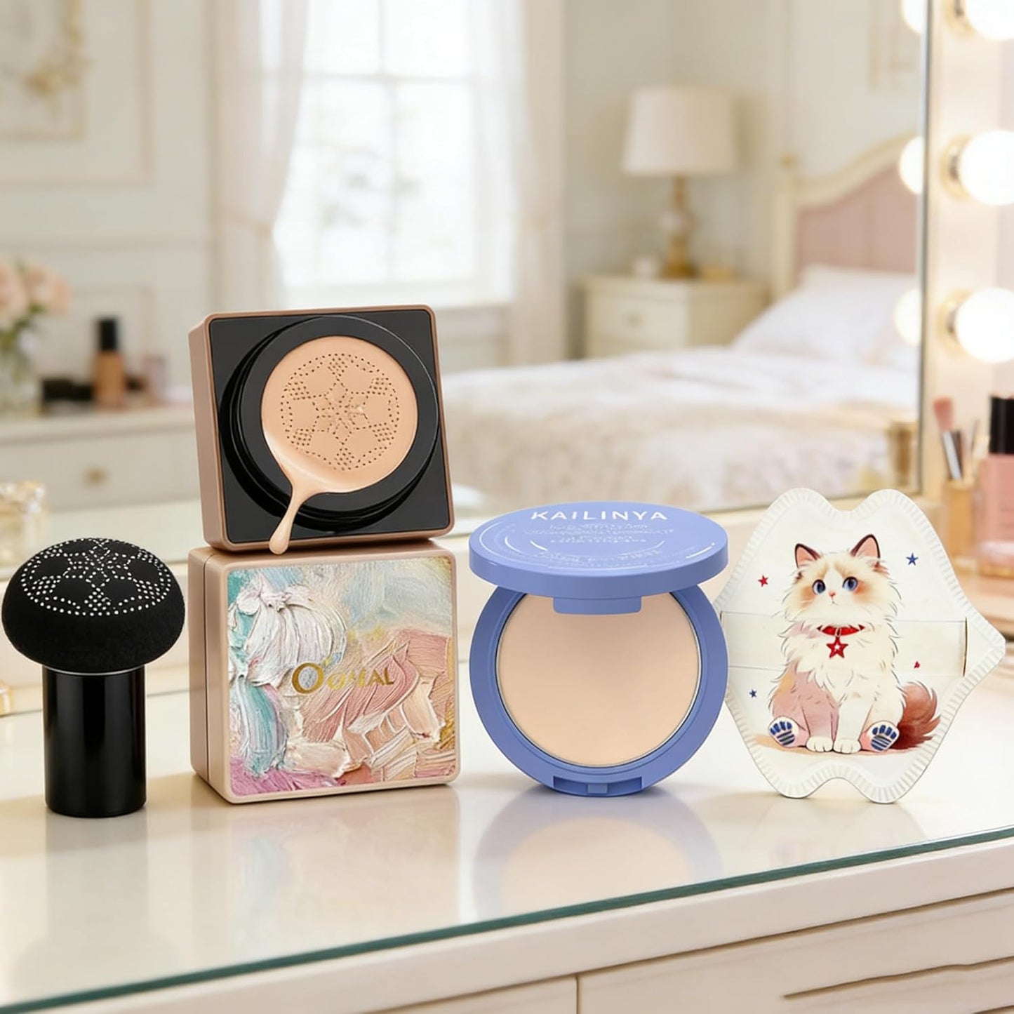Mushroom-Head Cushion Foundation & Setting Powder Set - Long-Lasting Matte Finish | 3 Shades Available (Ivory White)