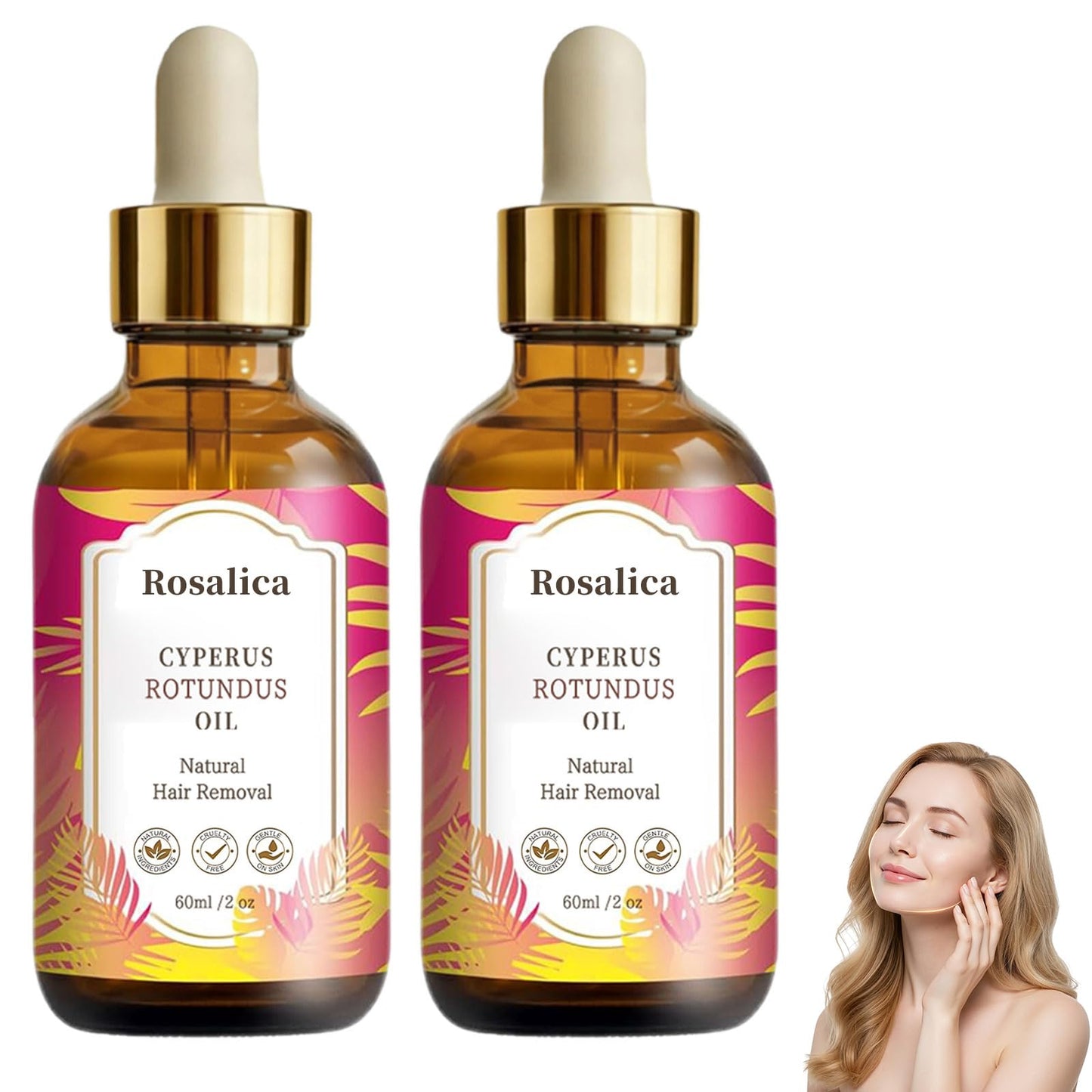 Rosalica Cyperus Rotundus Oil for Hair Removal, 3-in-1 Natural Cypress Rotundus Oil, Combines Hair Removal, Growth Inhibition and Skin Soothing, Hair Removal Oil Serum for All Skin Types (2 Bottles)