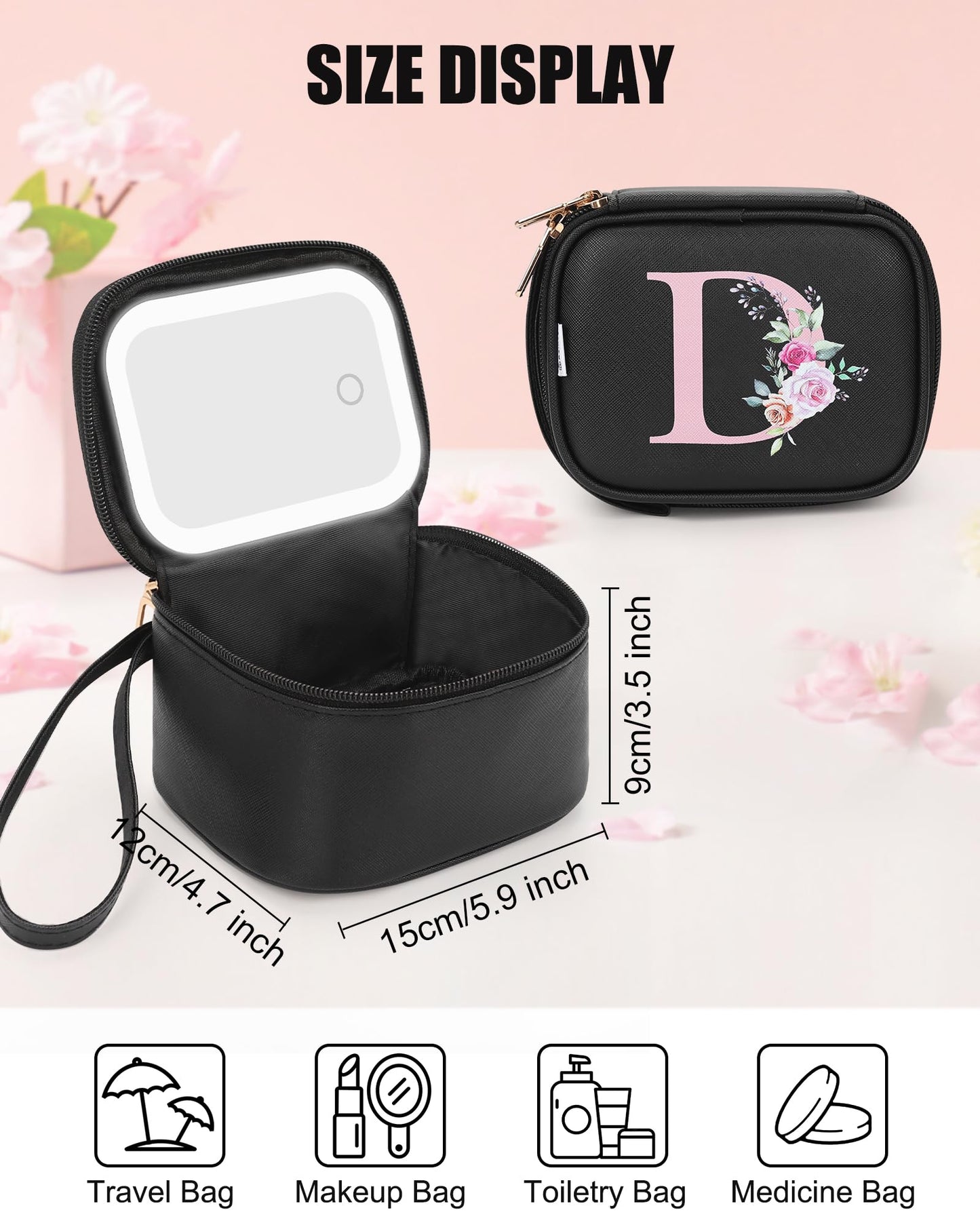 Relavel Initial Makeup Bag with Led Mirror, Mini Make Up Bag for Women Girls, Personalized Cosmetic Bag with Adjustable Brightness, Rechargeable Pink Make Up Bags Pouch for Birthday Gift - Black D