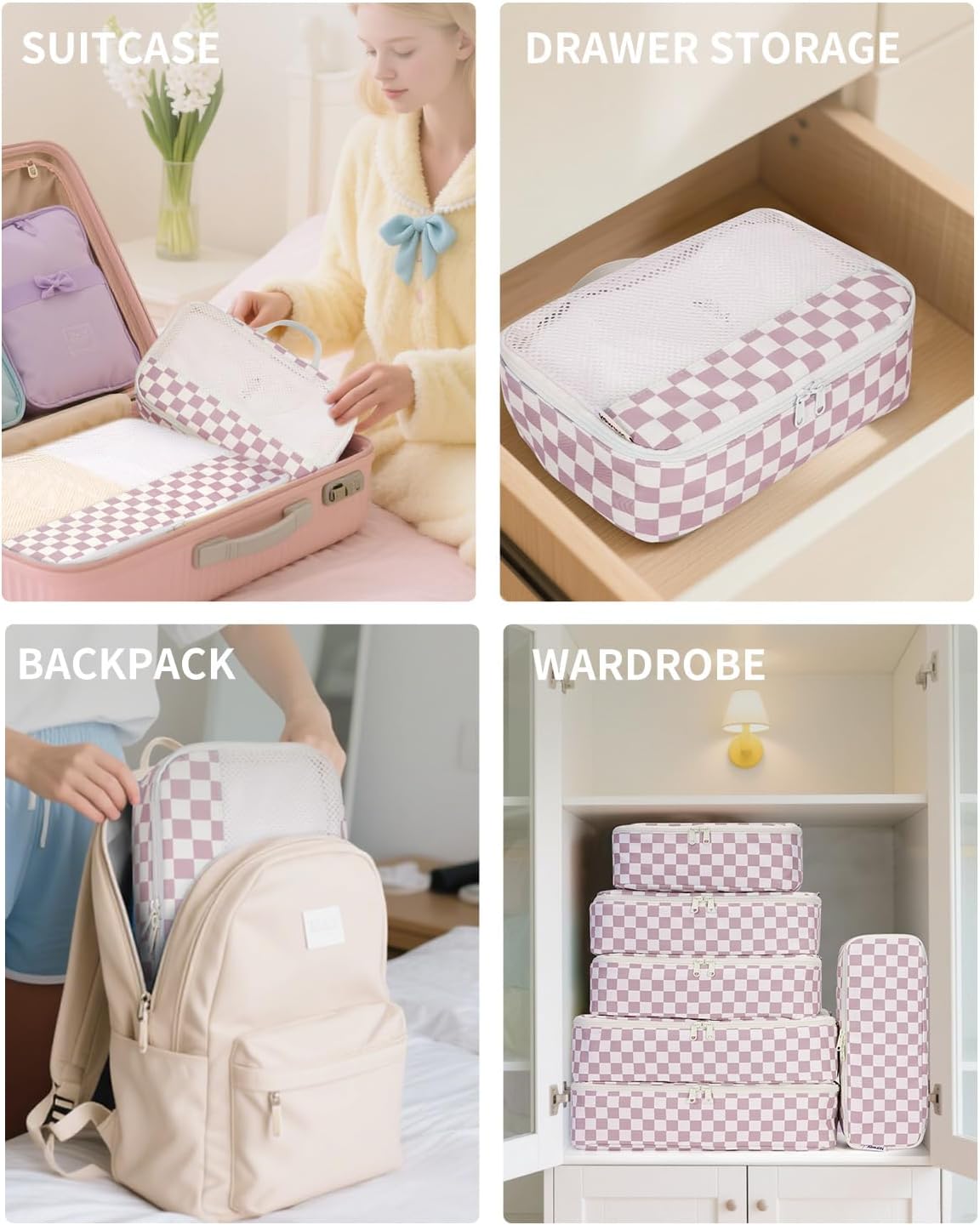 Checkered Packing Cubes - 7 Set Travel Organizer Bags for Suitcase | Durable Dusty Pink Design