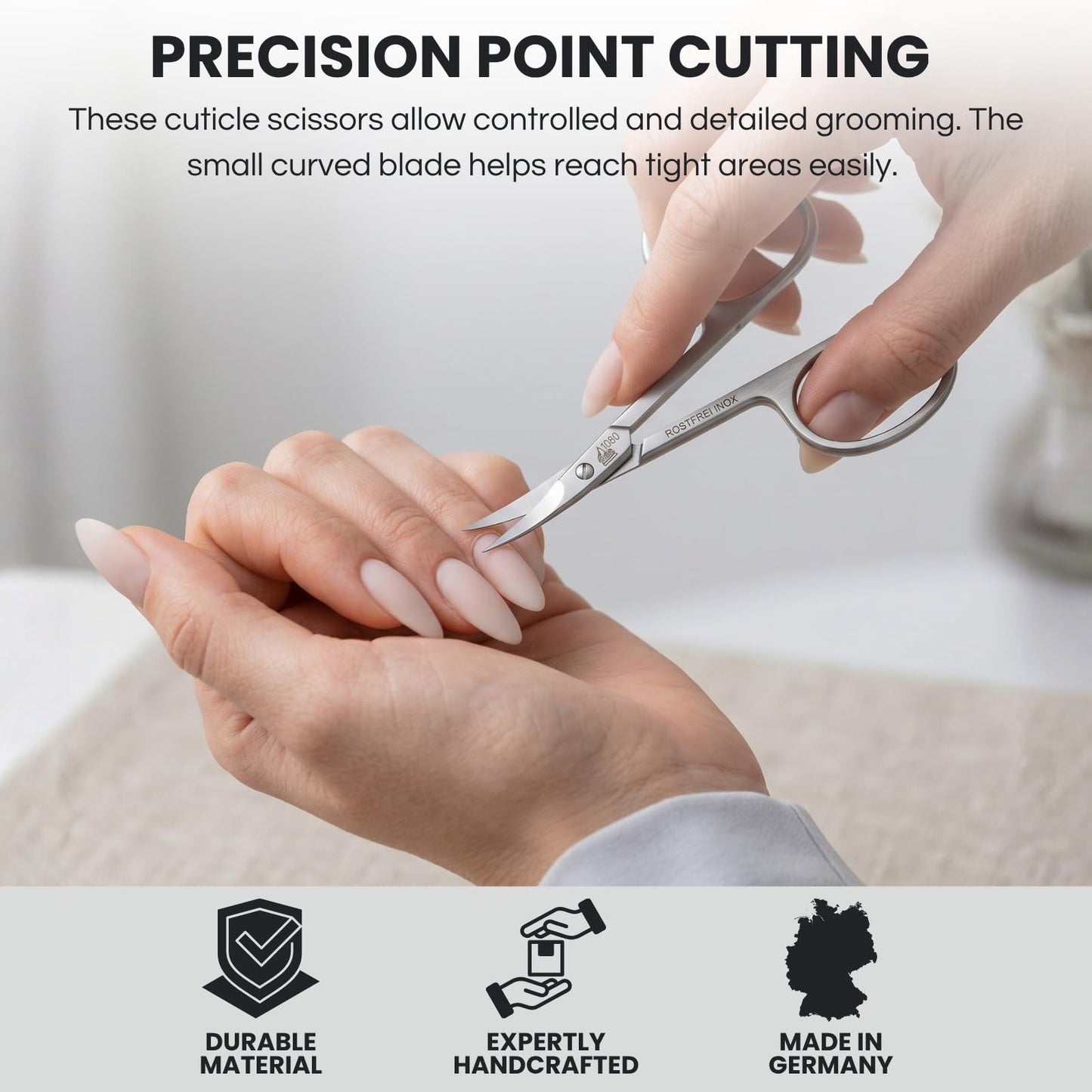 INOX Stainless Steel Tower Point Cuticle Scissors German Cuticle Remover. Made by Erbe in Solingen, Germany