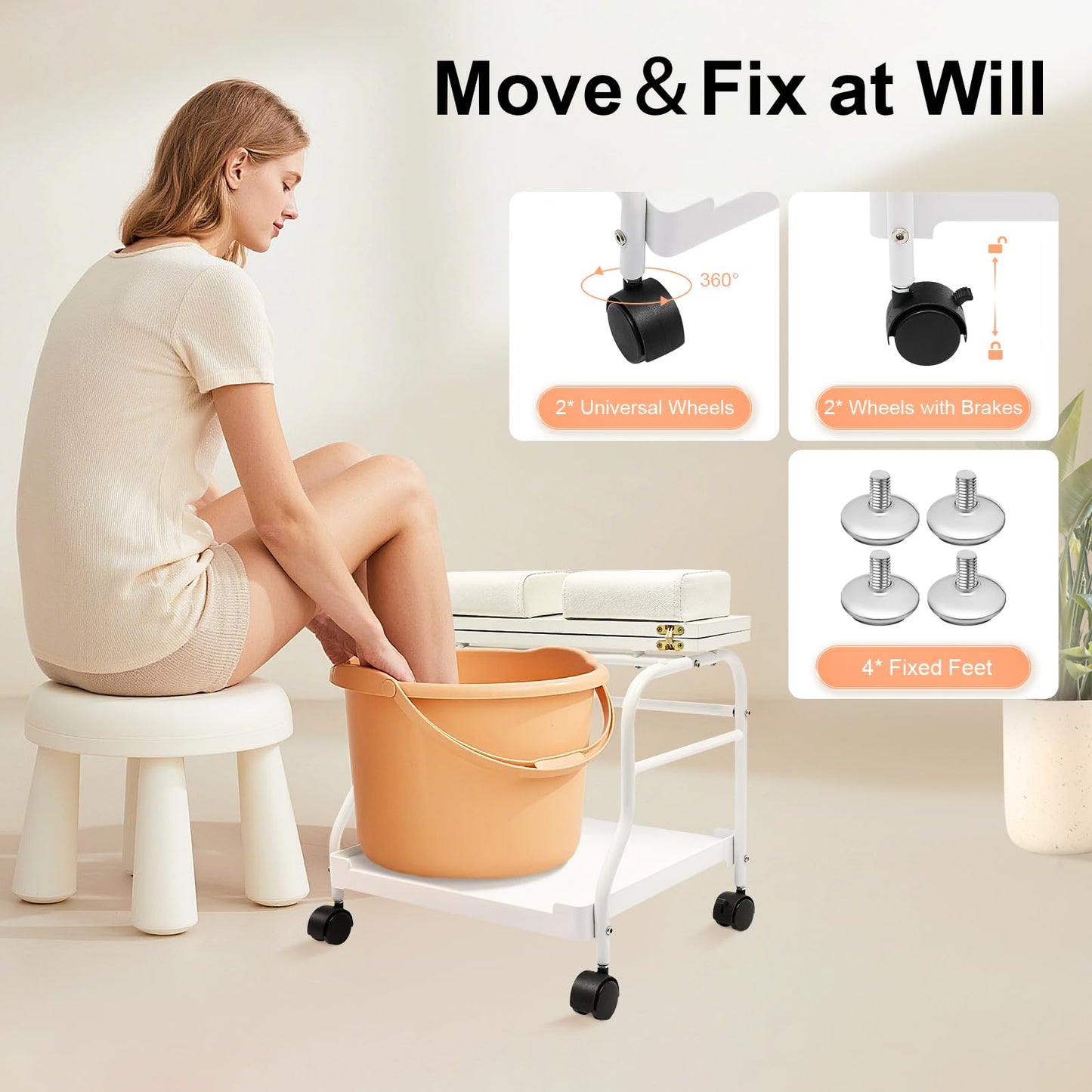 Beauty Salon Nail Or Foot Bath Spa Portable Trolley, Portable Pedicure Footrest Stool Cart for Salon Nail Foot Bath Spa