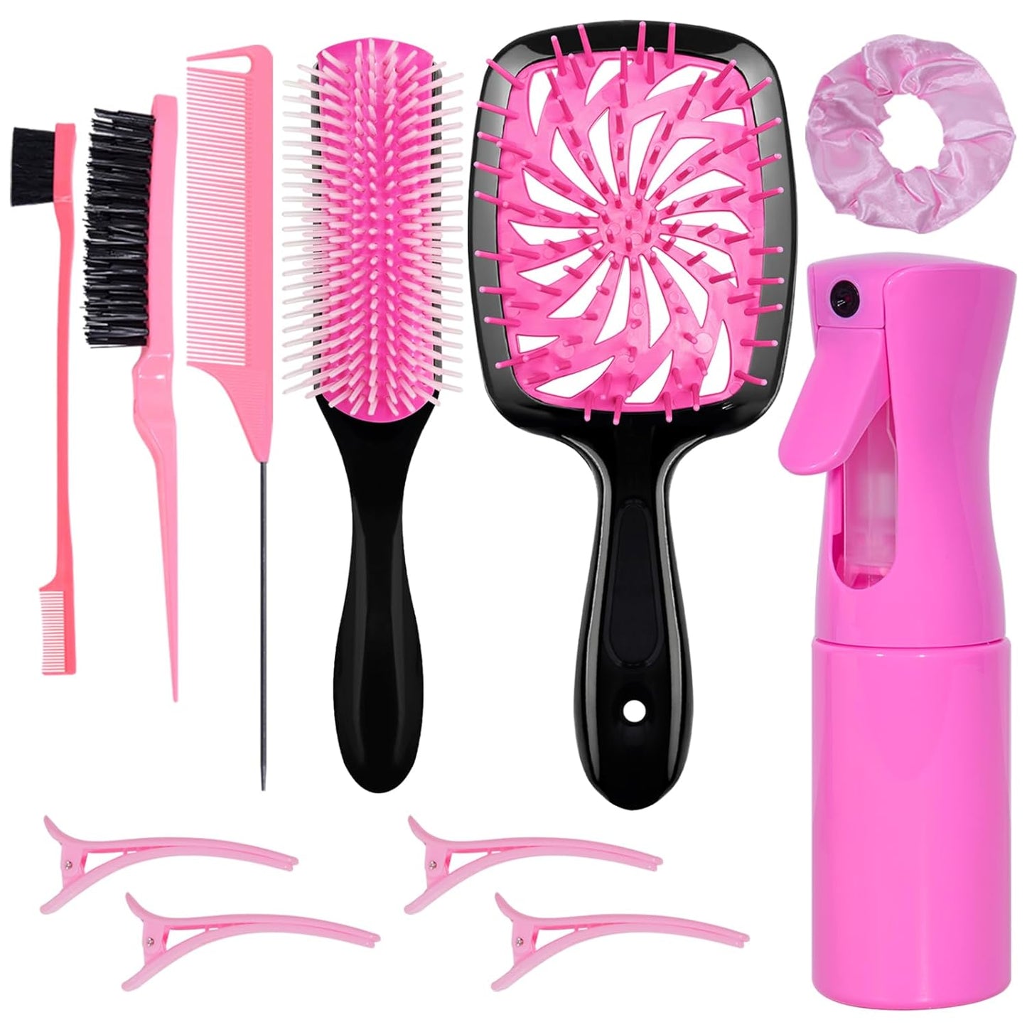 Detangle Hair Brush Set - 11 Pcs with Spray Bottle | Smooth Brushes for Adults & Toddlers - Pink