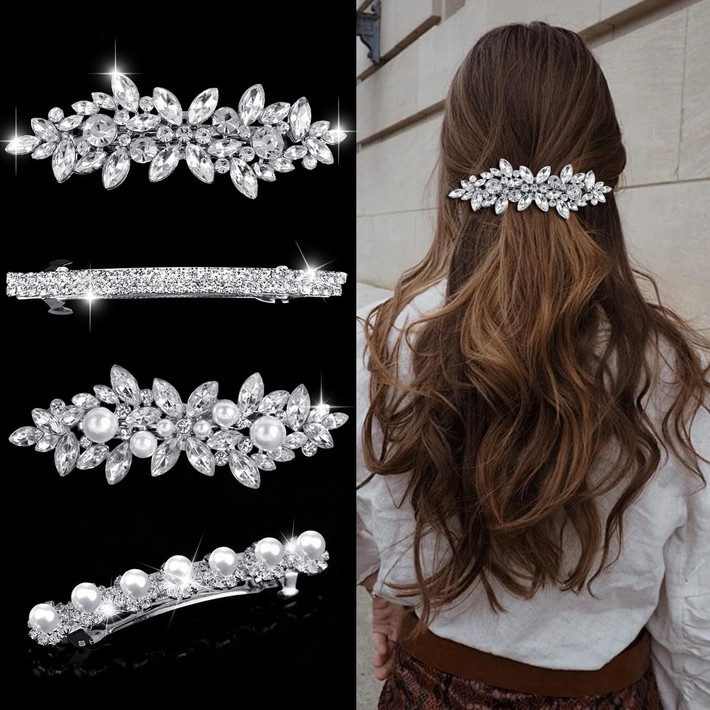 4pcs Rhinestone Hair Barrettes for Women Leaf Wedding Hair Pins Crystal Bobby Pins Silver Bridal Hairpin Clips for Brides Bridesmaids Flower Girls