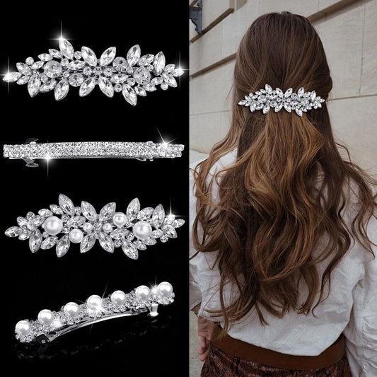 4pcs Rhinestone Hair Barrettes for Women Leaf Wedding Hair Pins Crystal Bobby Pins Silver Bridal Hairpin Clips for Brides Bridesmaids Flower Girls