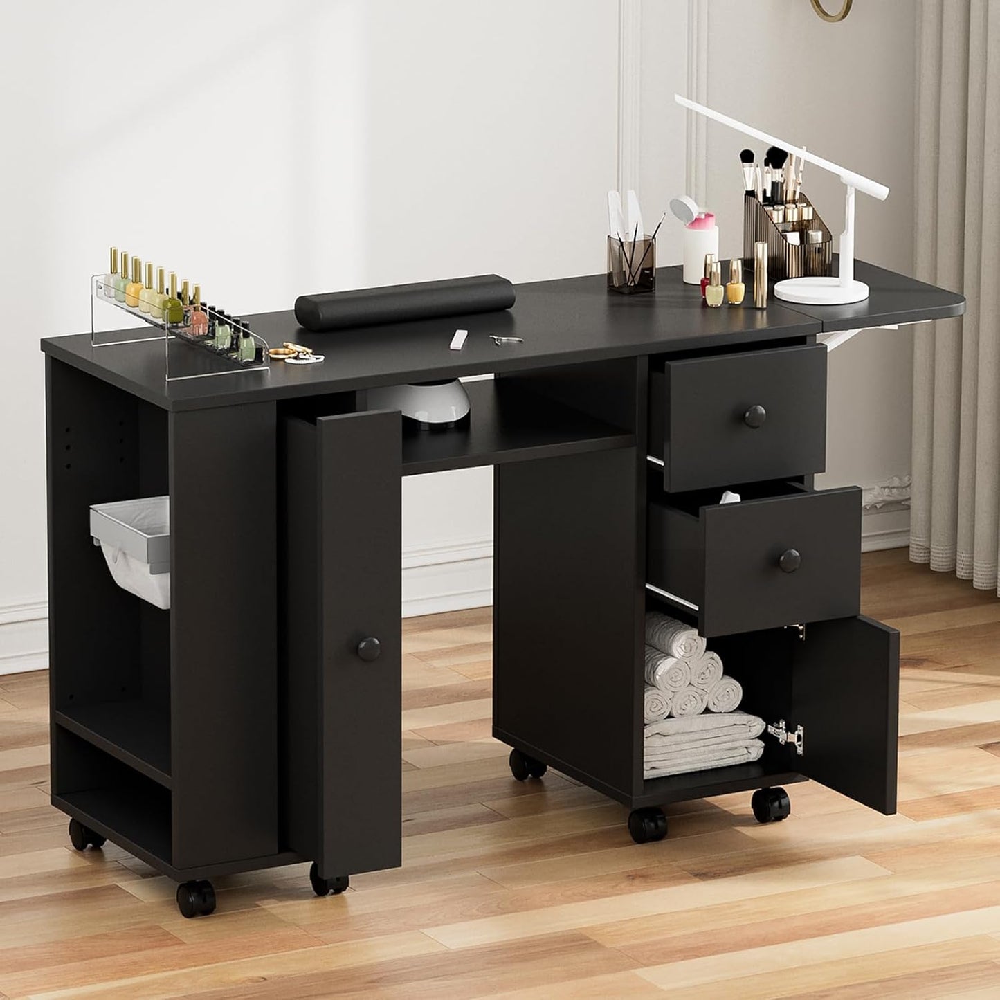 Manicure Table - Paddie Nail Desk with Extendable Surface, Trash Bag Holder & Lockable Wheels | White