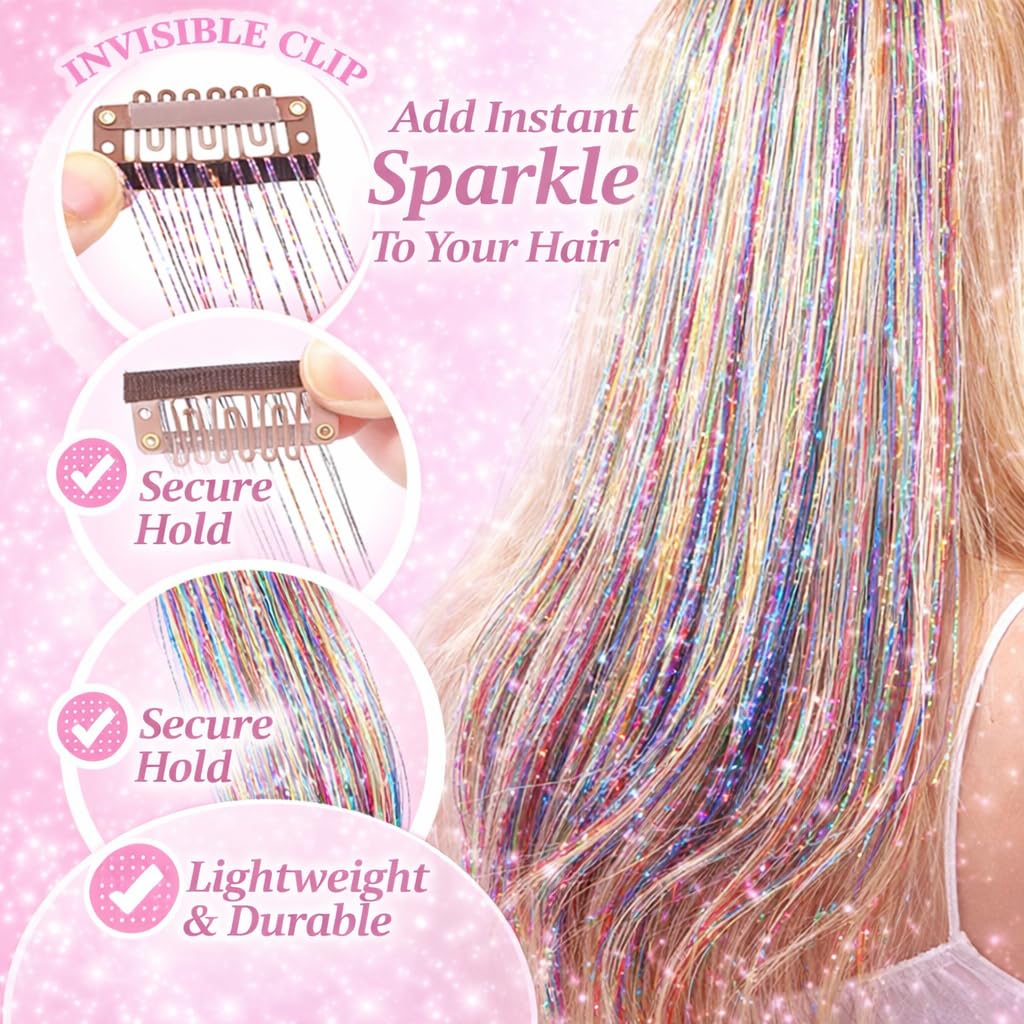 Hair Tinsel 12 Pcs Clip in Hair Tinsel Kit for Girls 22 Inch Glitter Fairy Tinsel Hair Extensions Colorful Heat Resistant Party Festival Accessories for Women Kids (rainbow)