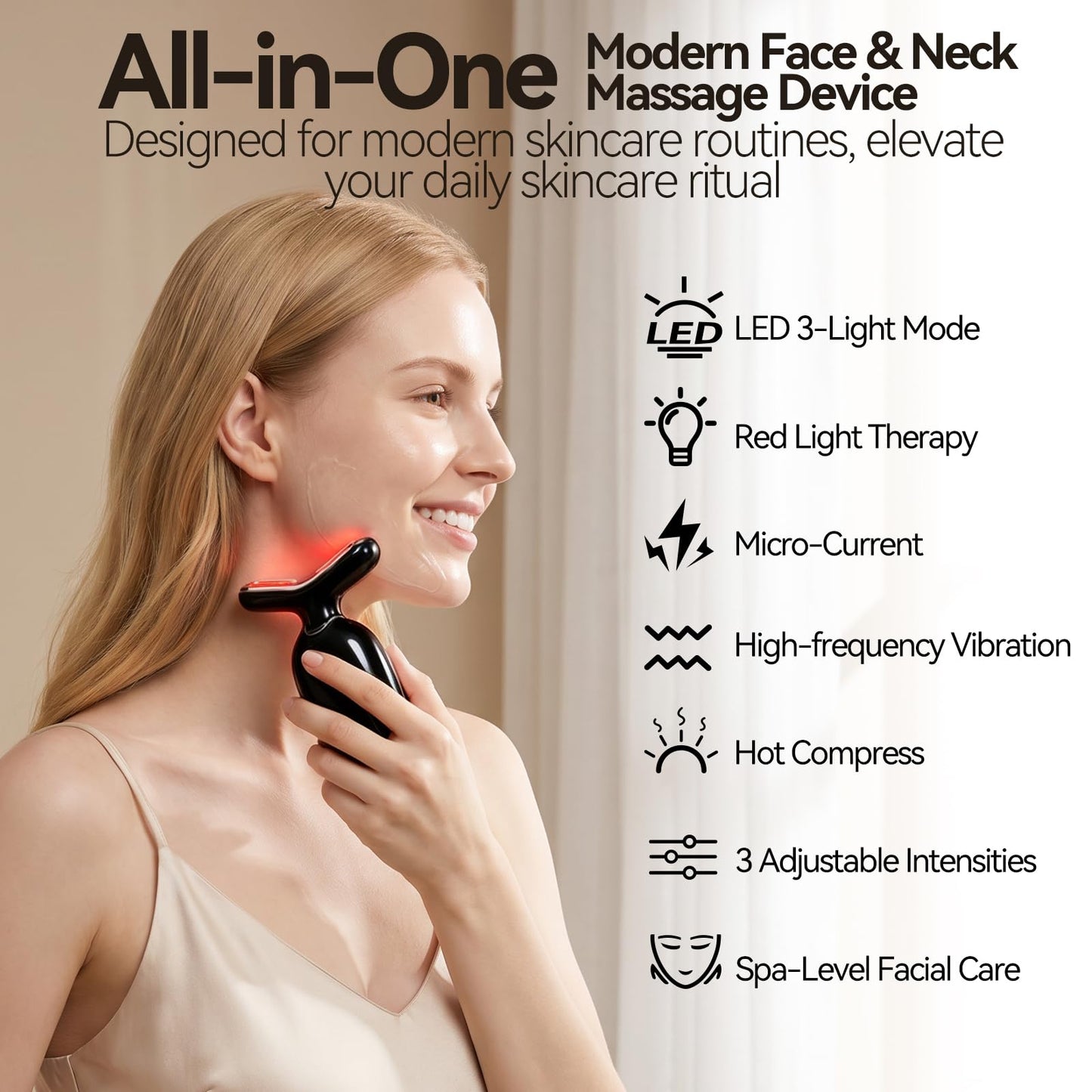 Micro-Current Facial Beauty Device, Red Light Therapy for Face and Neck with Vibration, 3 Color LED Mode Face Massager for Treat Facial Wrinkles and Skin Care - FDA Cleared (Black)