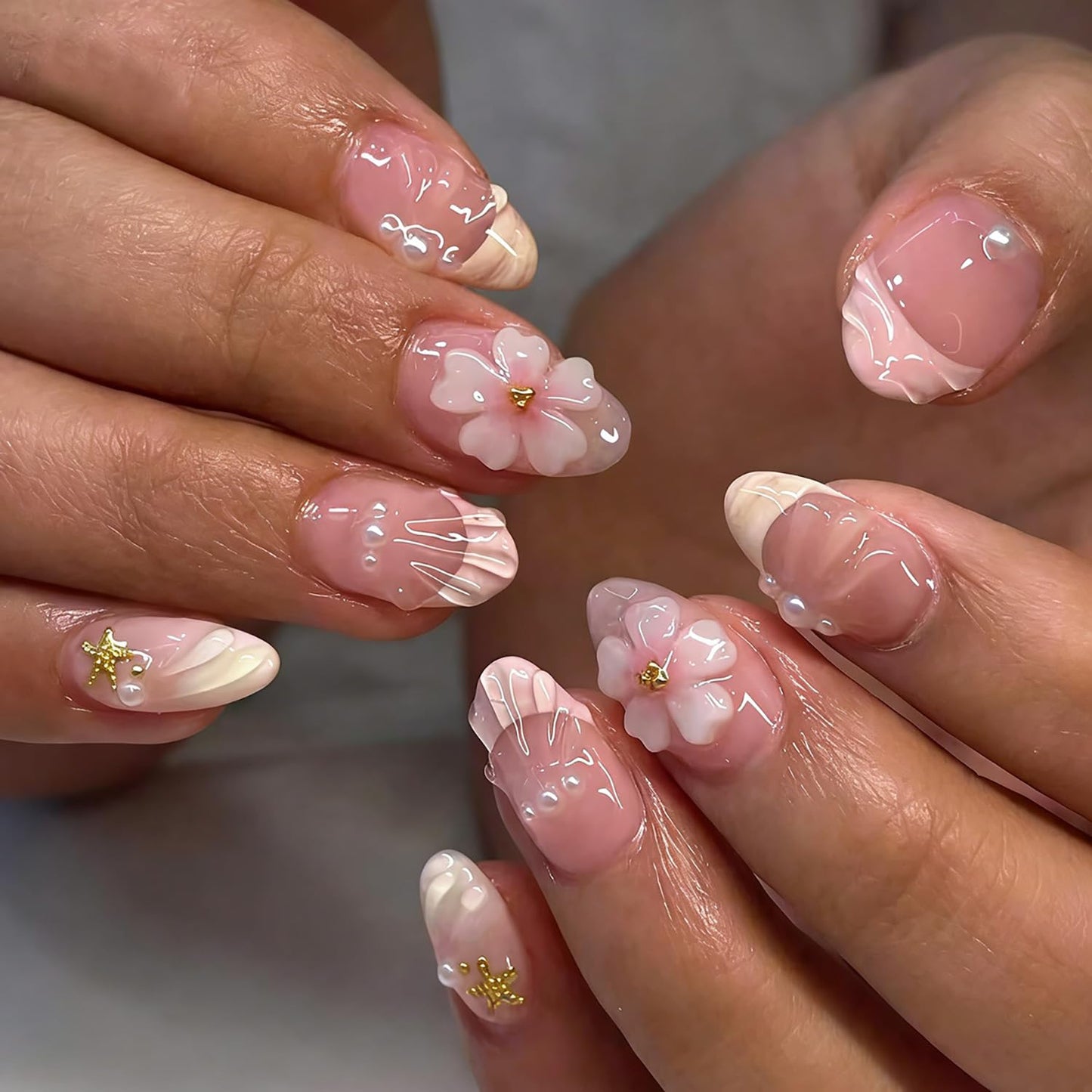 French Tip Press-On Nails - 24Pcs Short Square Design with 3D Flowers & Rhinestones | Glossy Natural Pink Full Cover