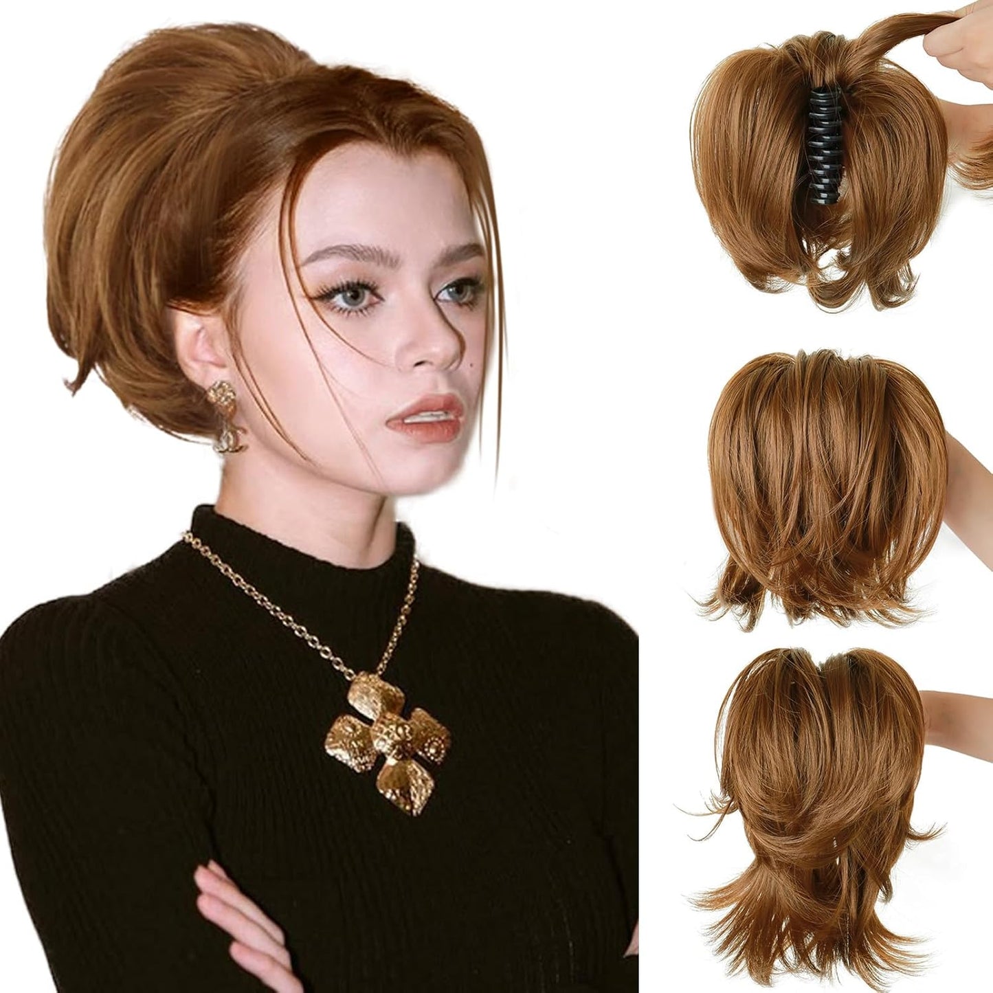 Claw Clip Ponytail Extension - Short Messy Hair Bun for Thin Hair | Straight Synthetic Hair, Easy Updo in Brown