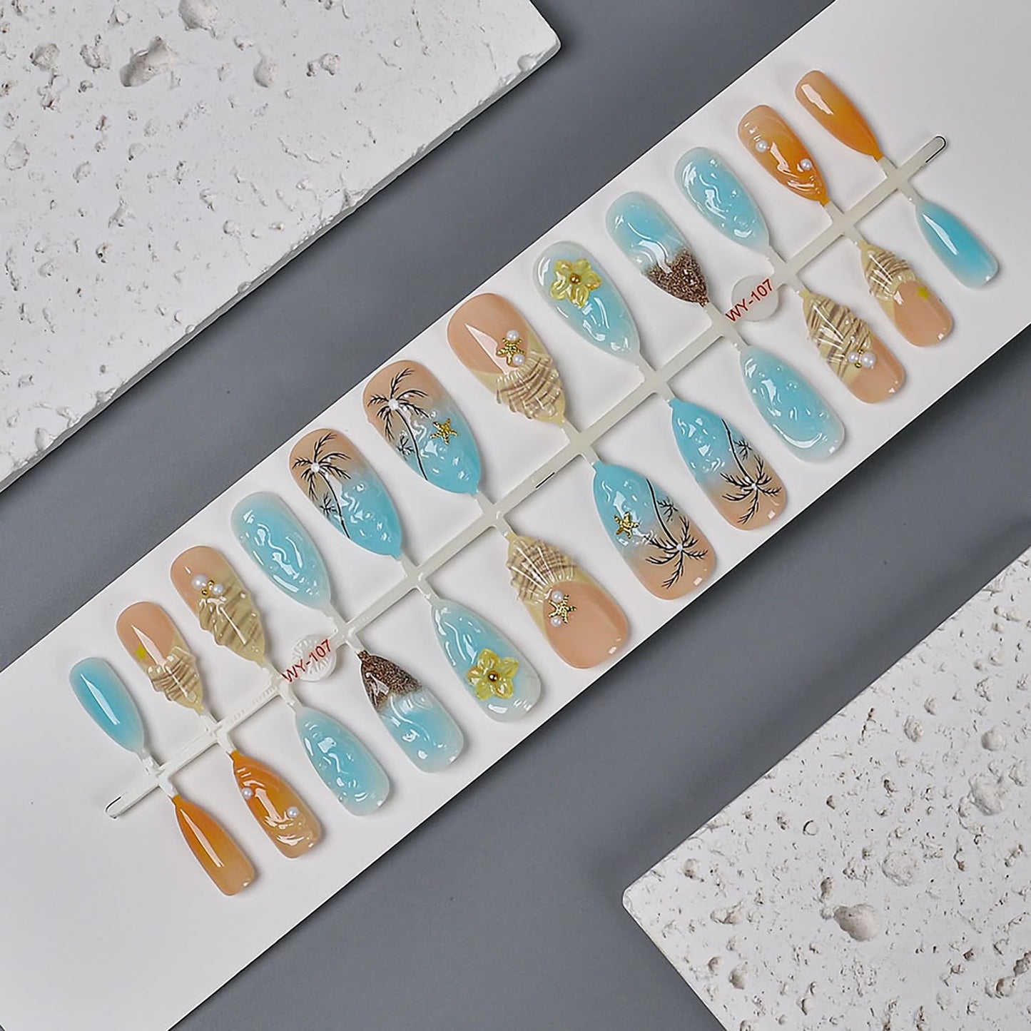 Press On Nails - 24Pcs Medium Almond French Tip with 3D Gold Starfish & Flower Designs | Full Cover Summer Acrylic Nails