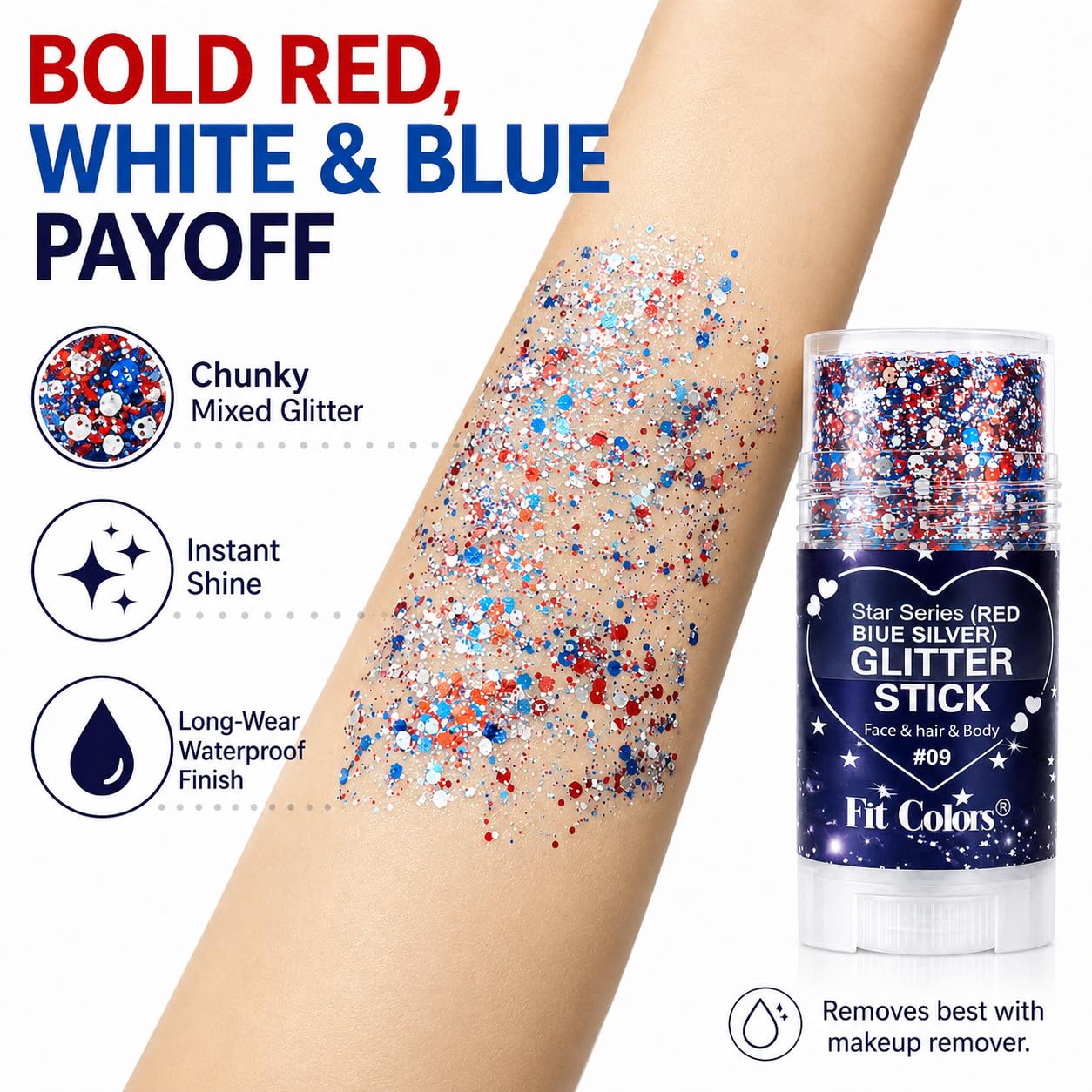 Honlley Patriotic Red White and Blue Face Hair Body Glitter Stick, Waterproof 4th of July Outfits Accessories for Women Kids, USA Flag Fourth Sparkle Makeup for 250 Anniversary Memorial Veterans Day