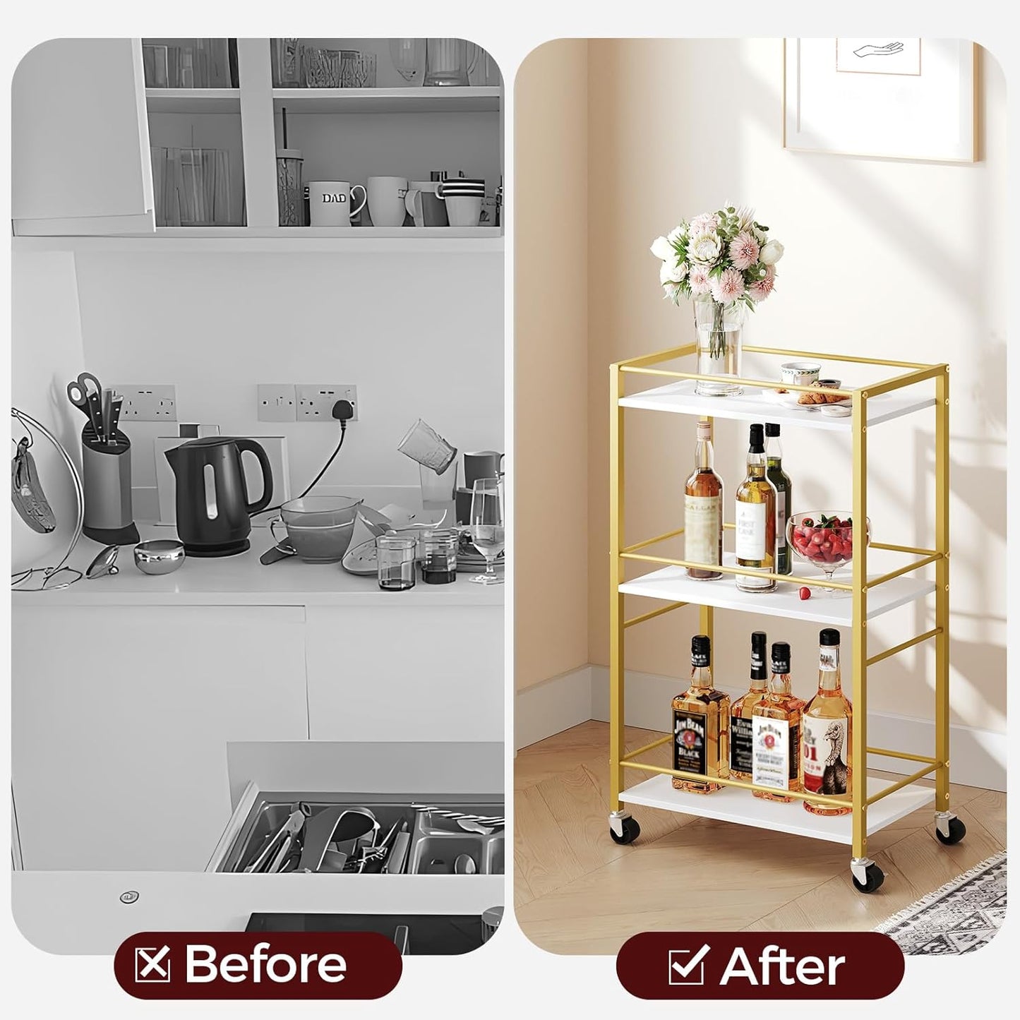 Bar Cart - 3-Tier Rolling Drink Cart on Wheels for Home | Gold Mini Bar Serving Cart for Small Spaces