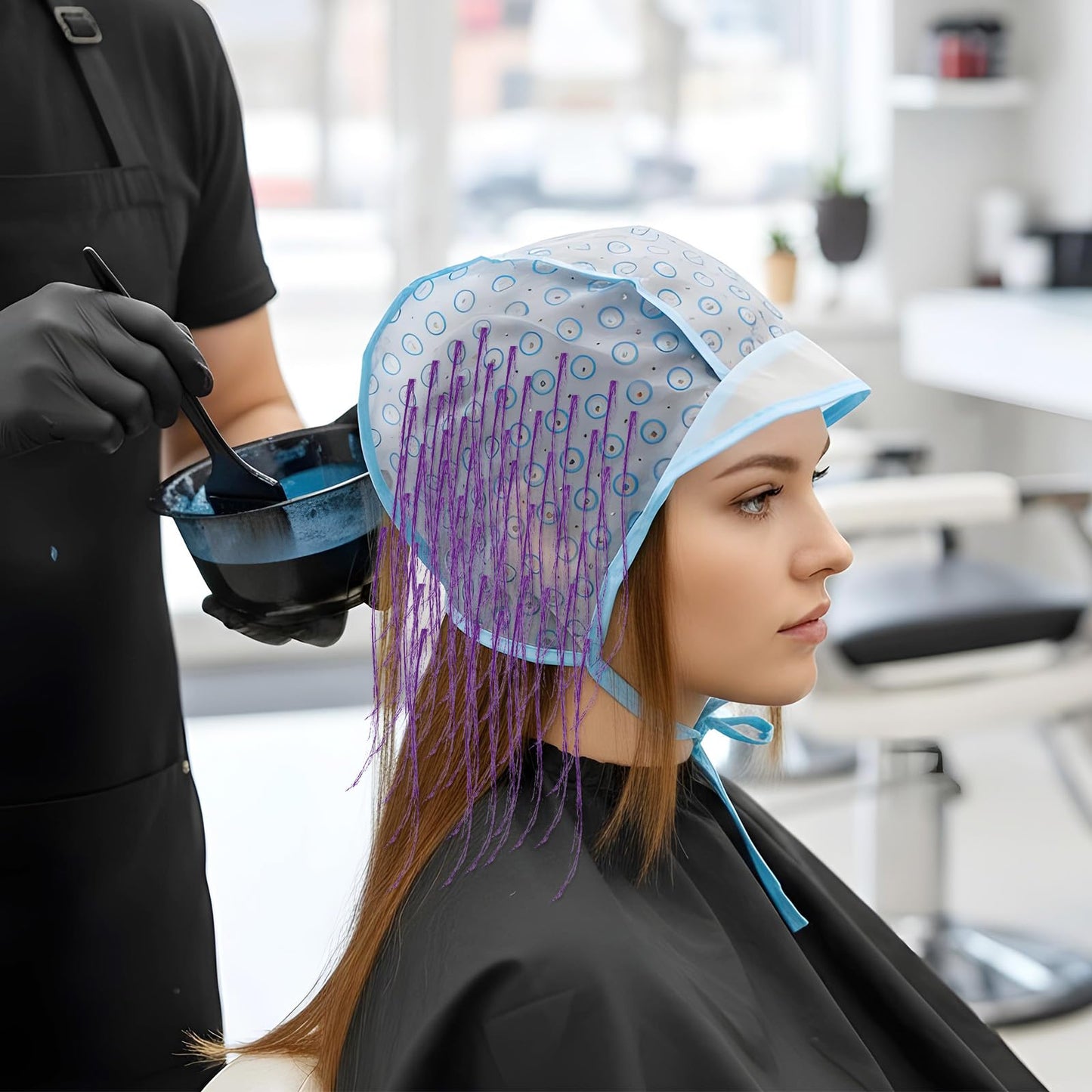 Hair Highlight Cap Blue Hair Highlighting Cap Kit Coloring Frosting Dye Kit with Plastic Crochet Hook Highlight Caps for Salon DIY Dyeing Hairdressing