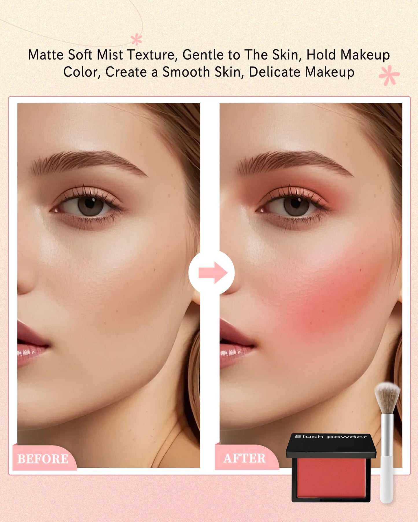 Matte Blush Powder for Cheeks,Contour Blusher Palette with Brush,High Pigment Lightweight Buildable Color, Waterproof Long-lasting Facial Makeup,Christmas Gifts for Women Girl-01# Peach Pink