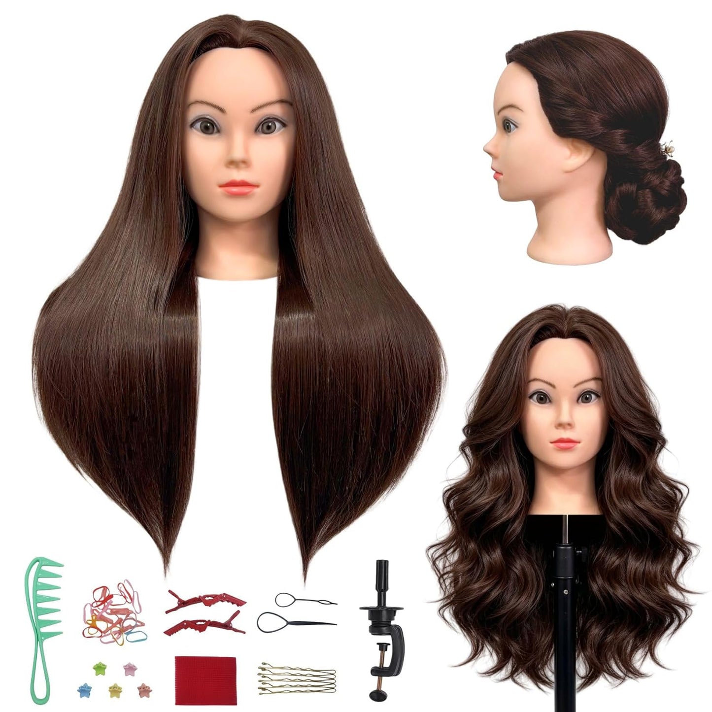 Cosmetology Mannequin Head - 26" Long Dark Brown Hair for Braiding, Styling & Curling | Ideal for Hairdressers & Kids