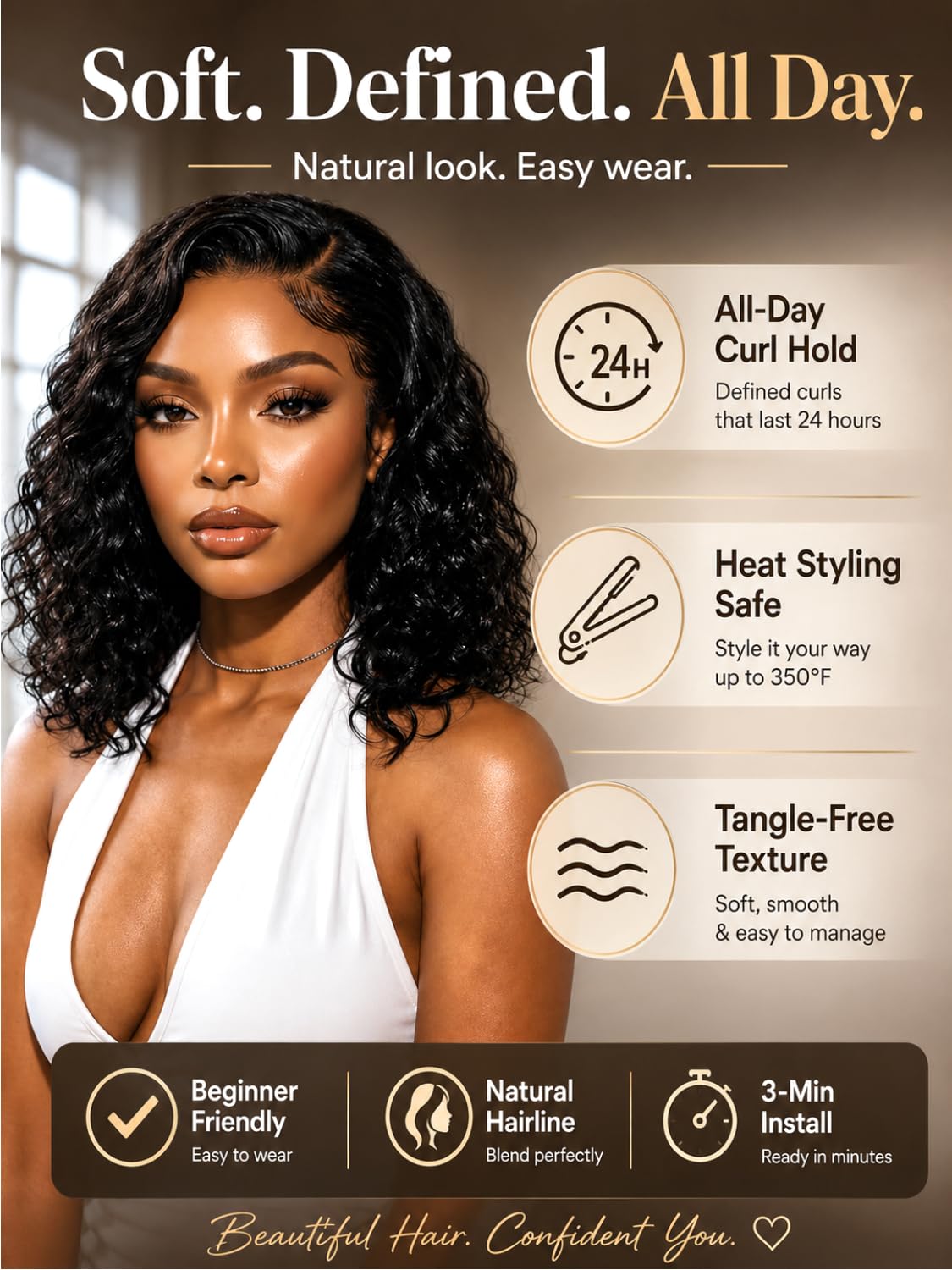 UNICE Bye Bye Slip Water Wave Bob Wig Human Hair, C Side Part 6x4 Glueless Lace Closure Wig, Pre-Plucked & Pre-Cut, 220% Density, Drawstring, Beginner Friendly for Black Women 14 Inch