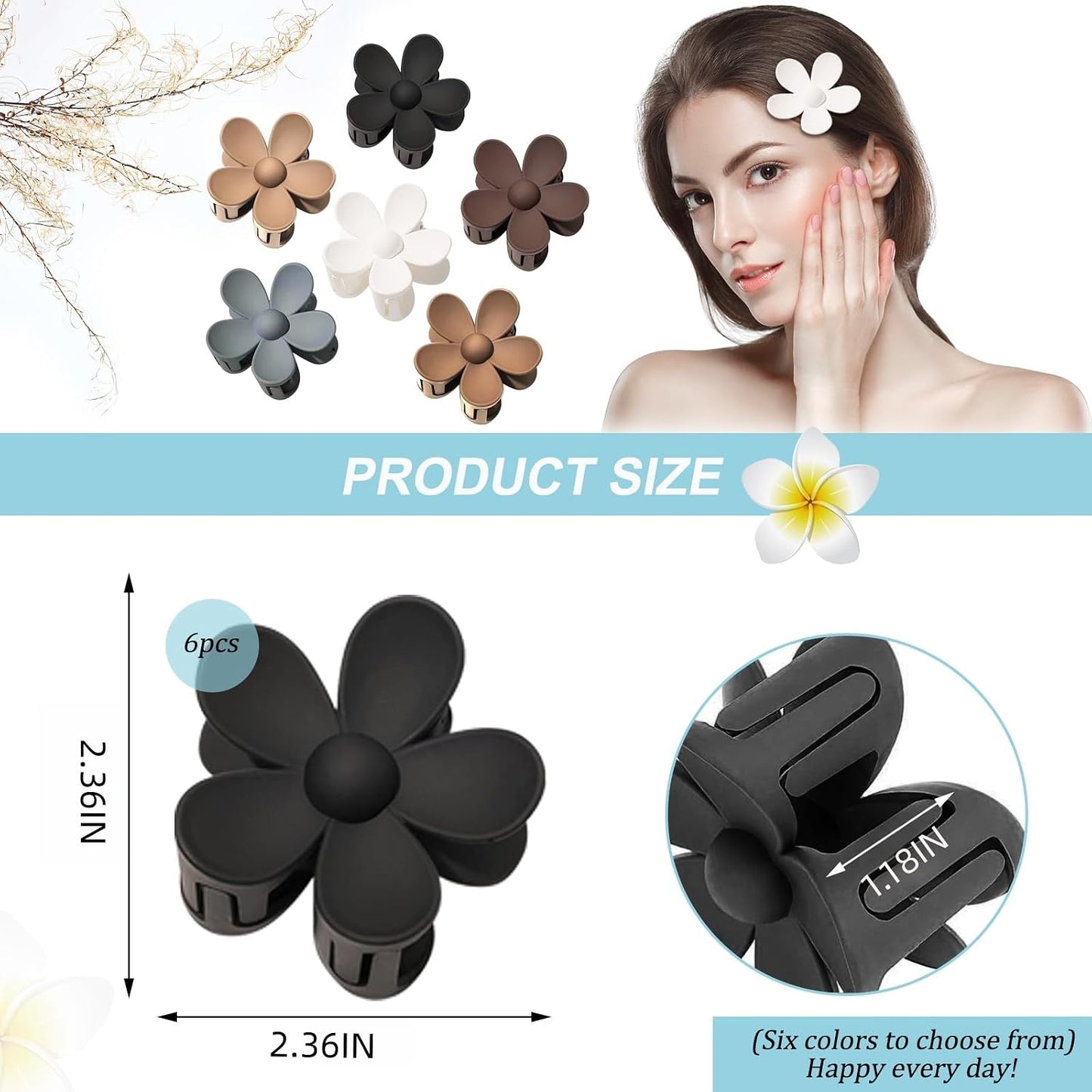 Matte Flower Hair Clips - 6Pcs Nonslip Strong Hold for Women | Hawaiian Plumeria & Daisy Beach Accessories