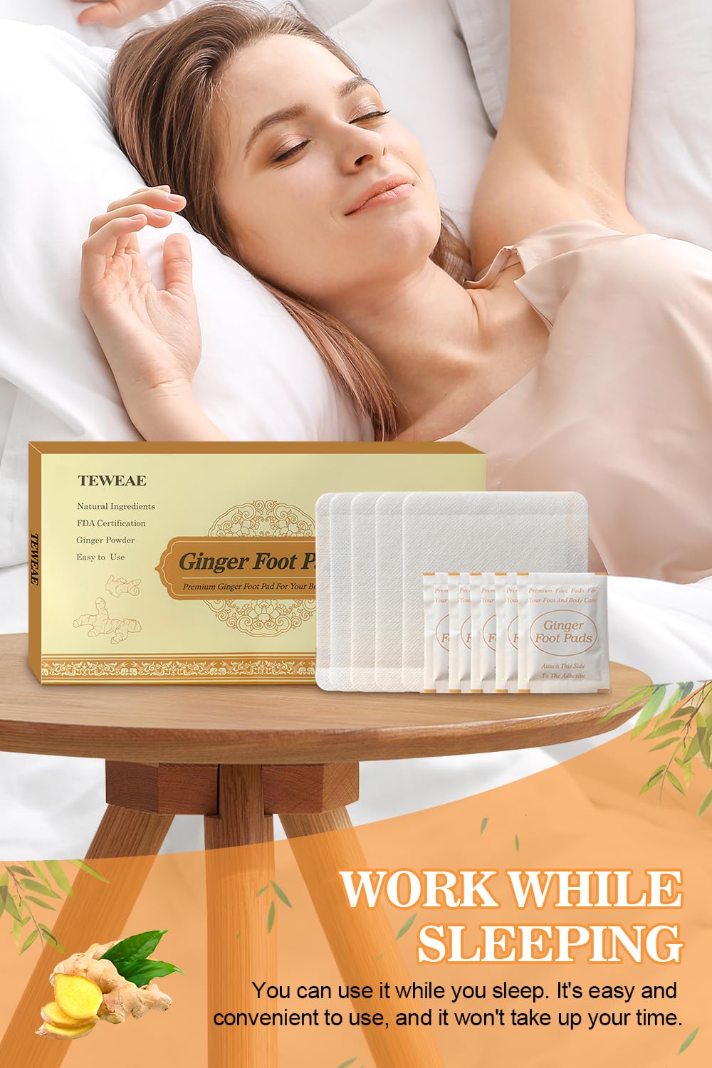 TEWEAE Foot Pads, Ginger FootPads, Natural Ginger Powder Bamboo Vinegar Foot Patches to Feel Better, Sleep Better & Relieve Stress, 20 Packs.
