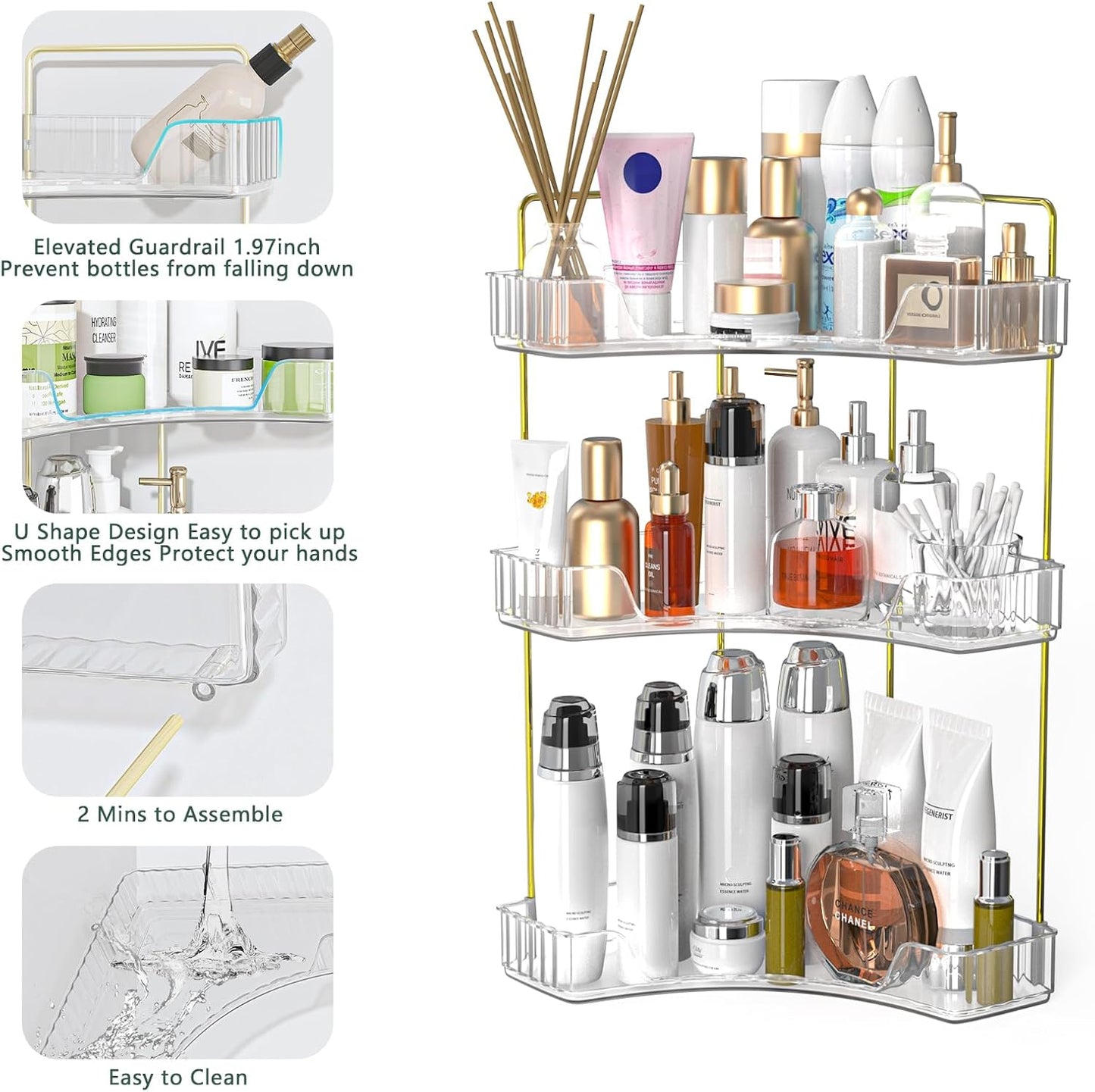 Corner Bathroom Counter Organizer - 3-Tier Makeup & Skincare Shelf | Vanity & Perfume Tray for Efficient Storage