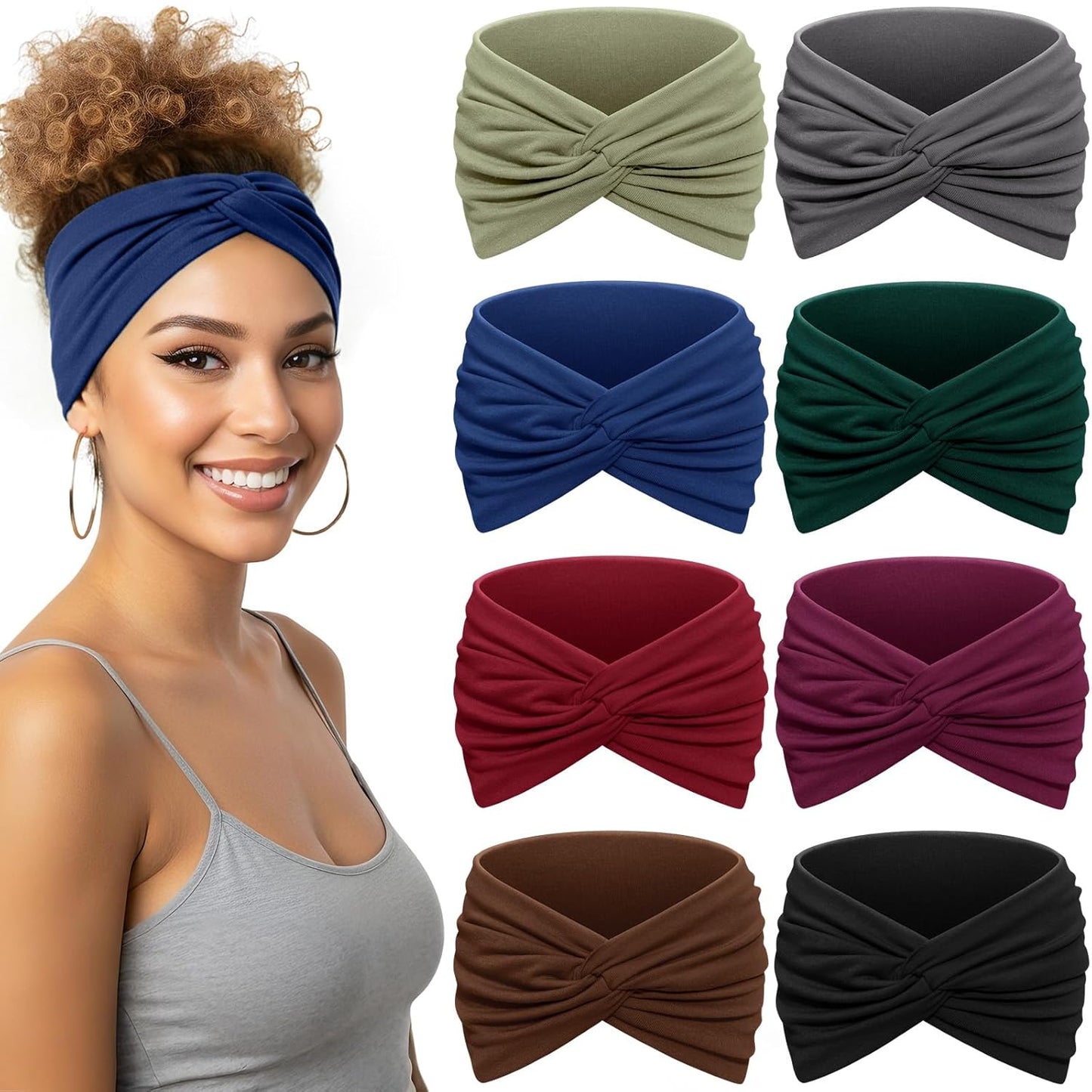 Wide Headbands for Women - 7.08 Inch Thick Boho Turban Hair Wraps | Non-Slip, Moisture-Wicking, 8 Pack Multi Colors