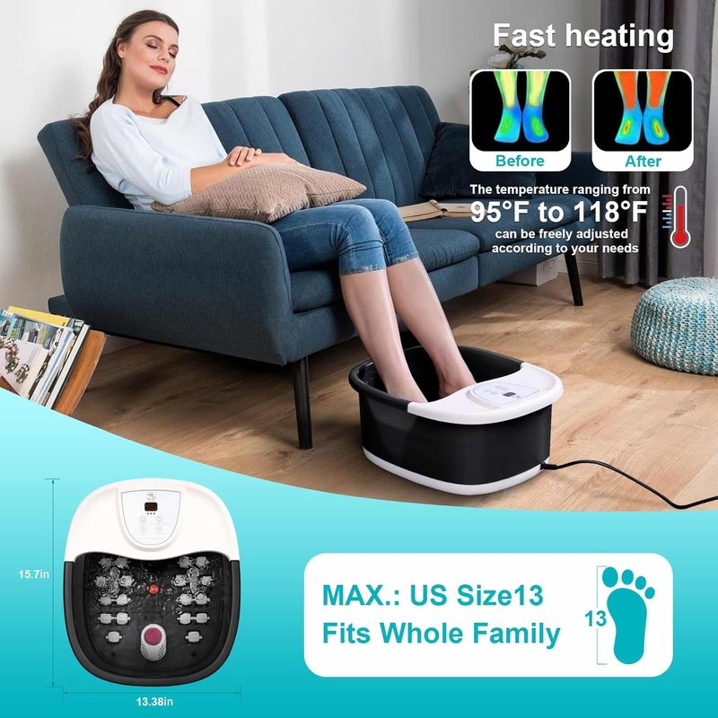 Foot Spa Bath Massager with Heat | 22 Massage Rollers, Temperature Control, Jets & Bubbles - Black