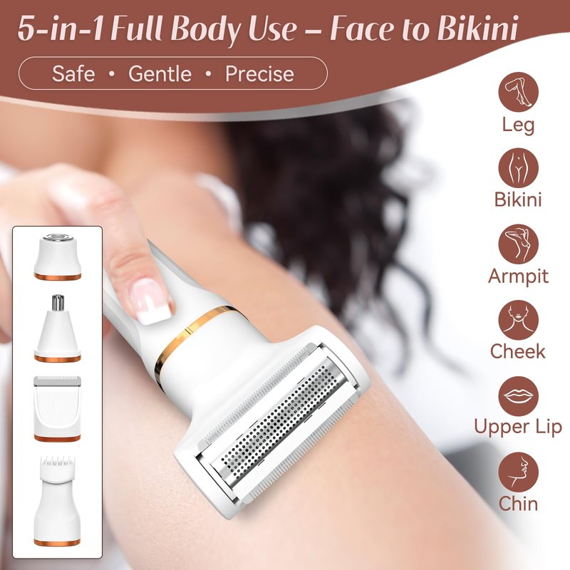 5-in-1 Bikini Trimmer for Women, Electric Razors Shaver IPX7 Waterproof, Cordless Body Hair Trimmer, Ceramic Blade, Facial & Pubic Hair Removal, Travel Portable (White)